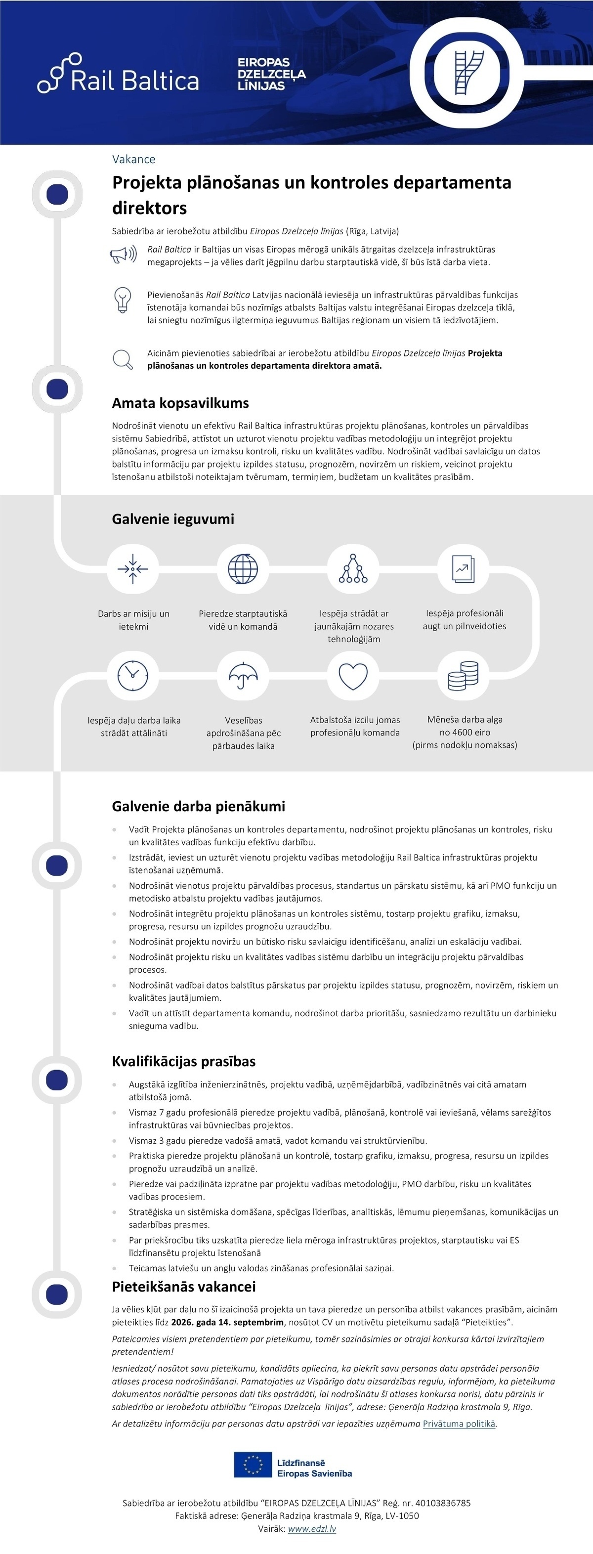 EIROPAS DZELZCEĻA LĪNIJAS, SIA Projekta plānošanas un kontroles departamenta direktors/-e