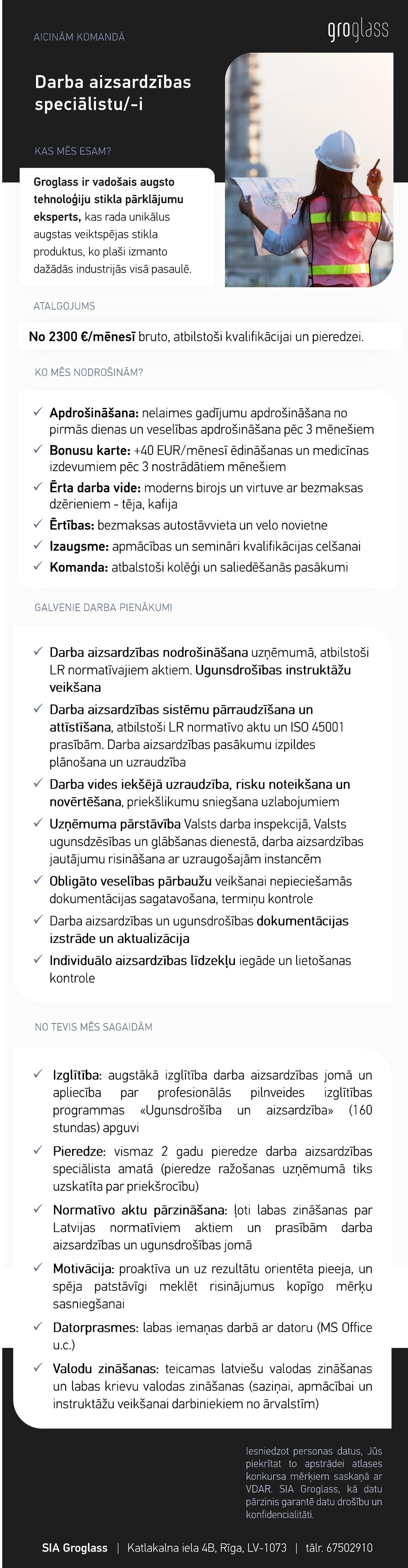 GroGlass, SIA Darba aizsardzības speciālists/-e