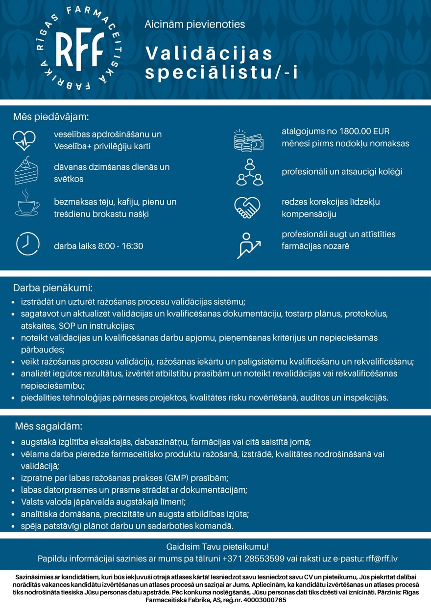 AS''Rīgas Farmaceistiskā fabrika'' Validācijas speciālists/-e