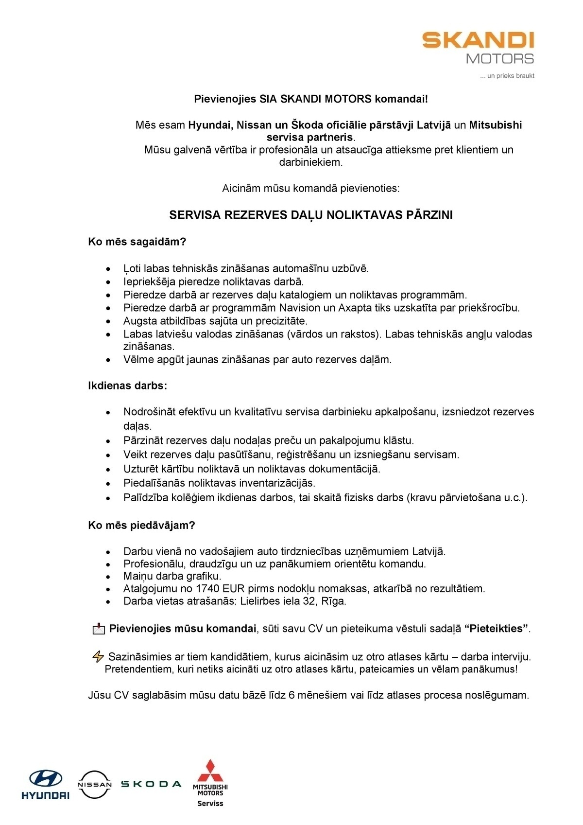 SKANDI MOTORS, SIA Servisa detaļu noliktavas pārzinis/-e