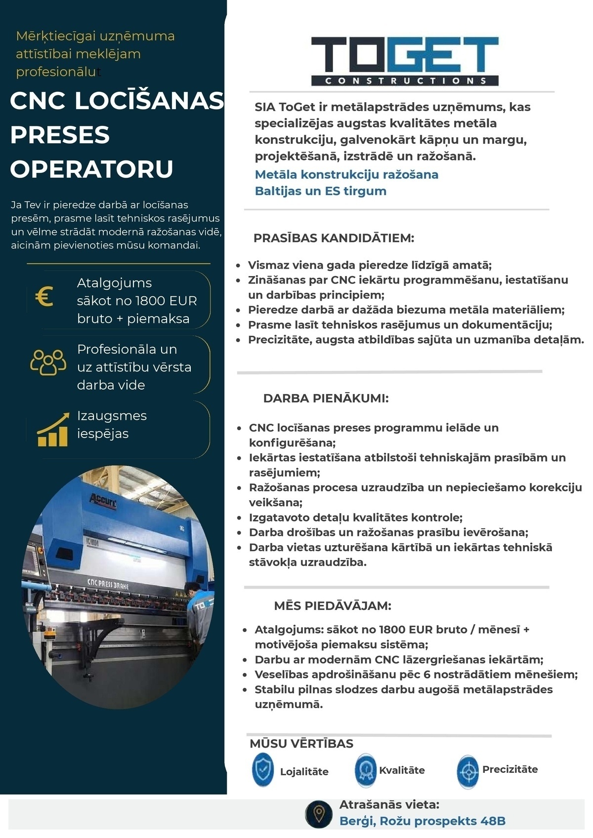 SIA TOGET CNC Locīšanas preses operators/-e