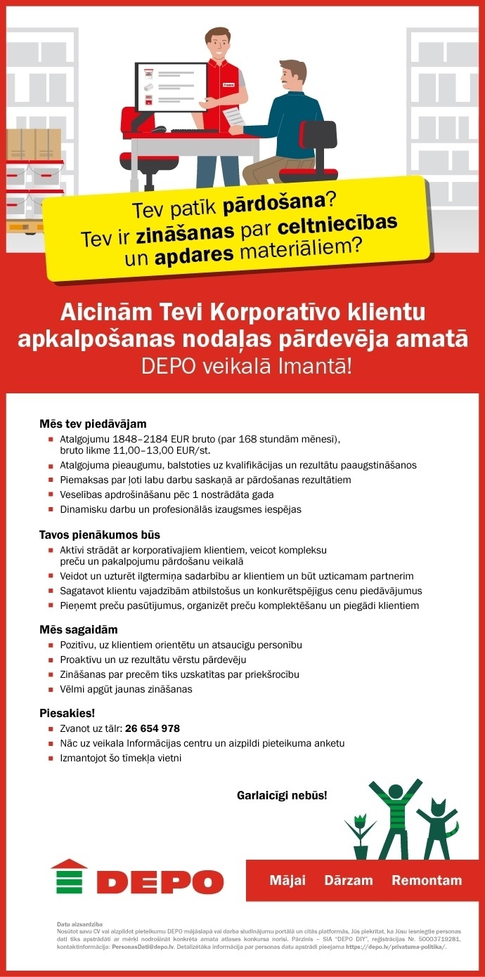 DEPO DIY, SIA Korporatīvo klientu apkalpošanas nodaļas pārdevējs/-a Imantā
