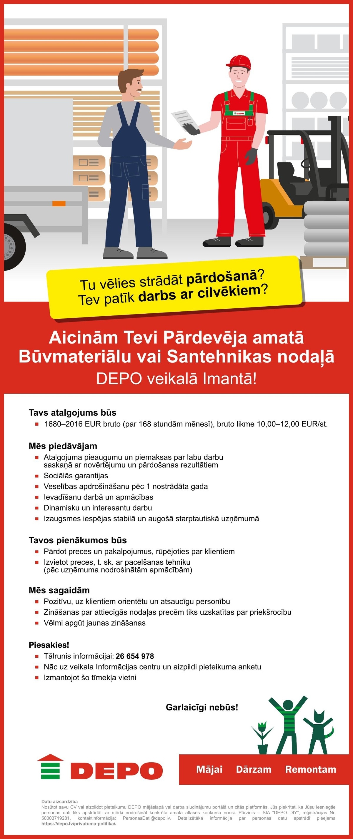 DEPO DIY, SIA Pārdevējs/-a būvmateriālu vai santehnikas nodaļā Imantā