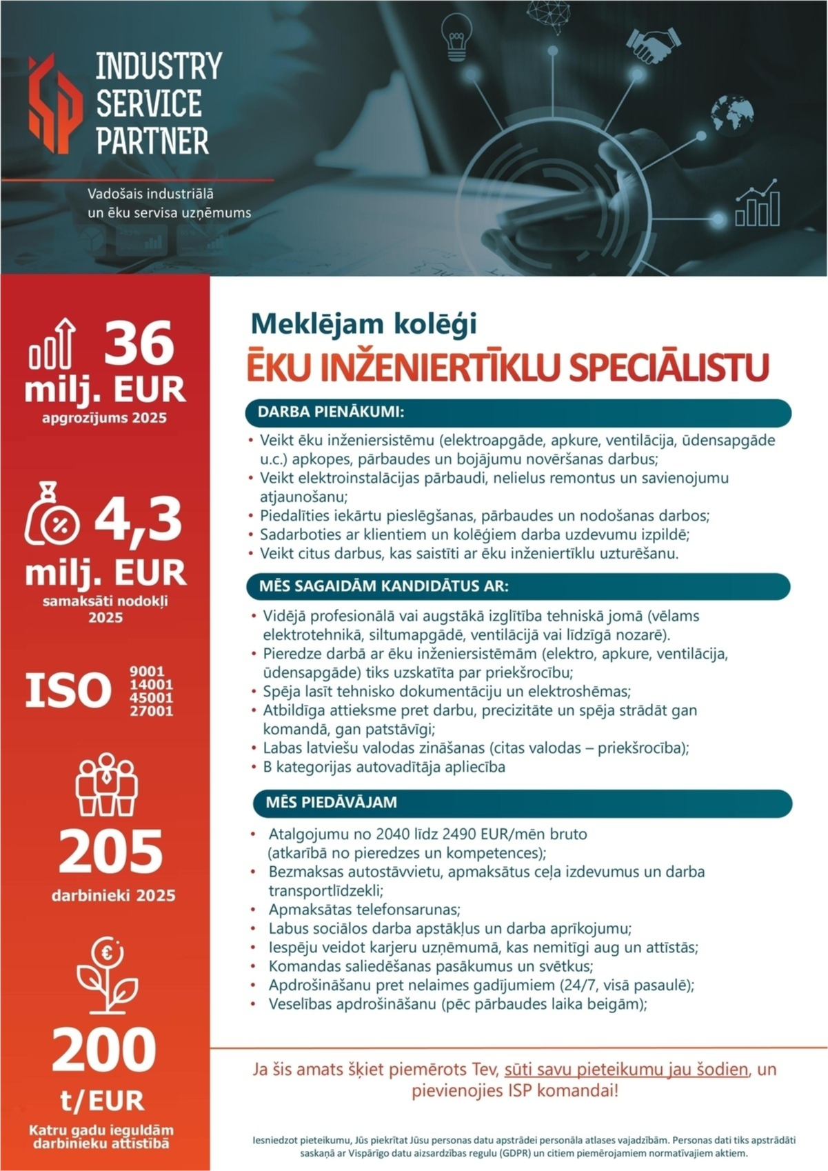 Industry Service Partner, SIA Ēku inženiertīklu speciālists/-e