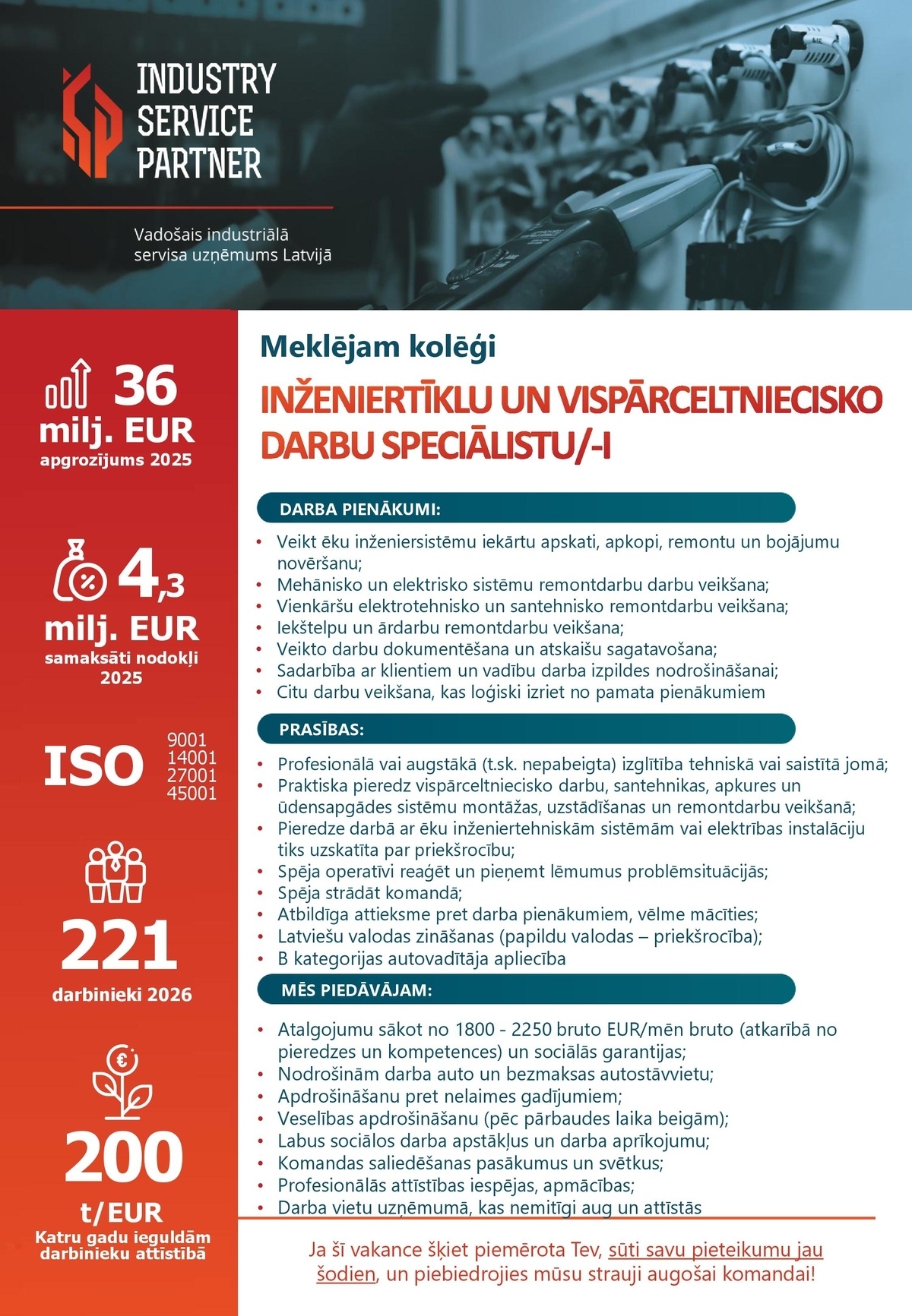 Industry Service Partner, SIA Inženiertīklu un vispārceltniecisko darbu speciālists/-e