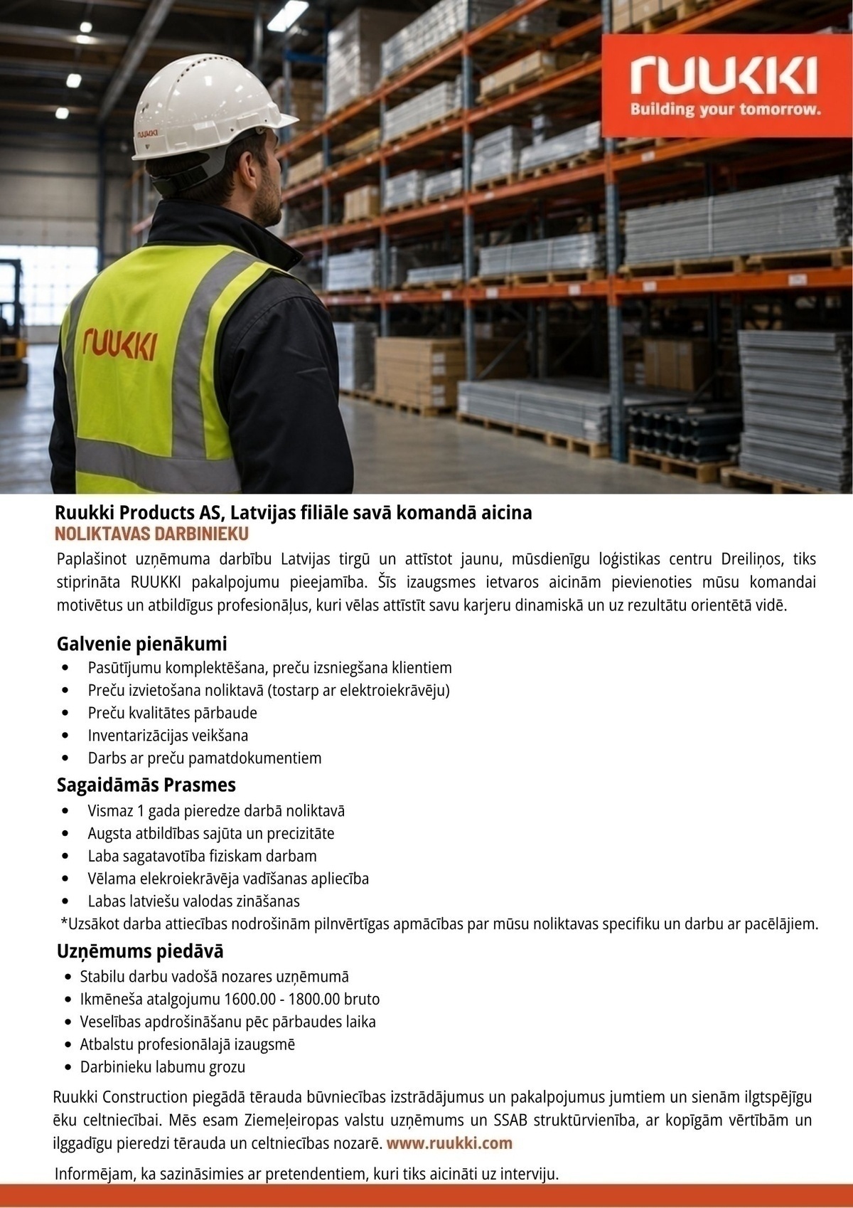 Ruukki Products AS Latvijas filiāle Noliktavas darbinieks/-ce