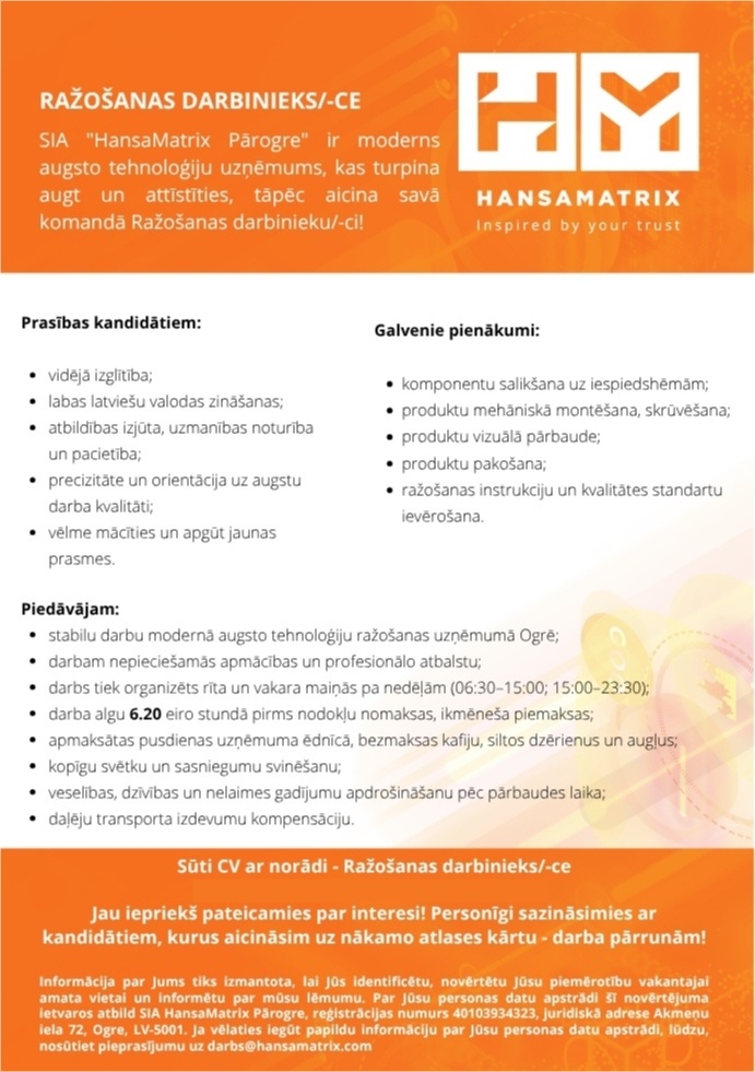HansaMatrix Pārogre, SIA Ražošanas darbinieks/-ce