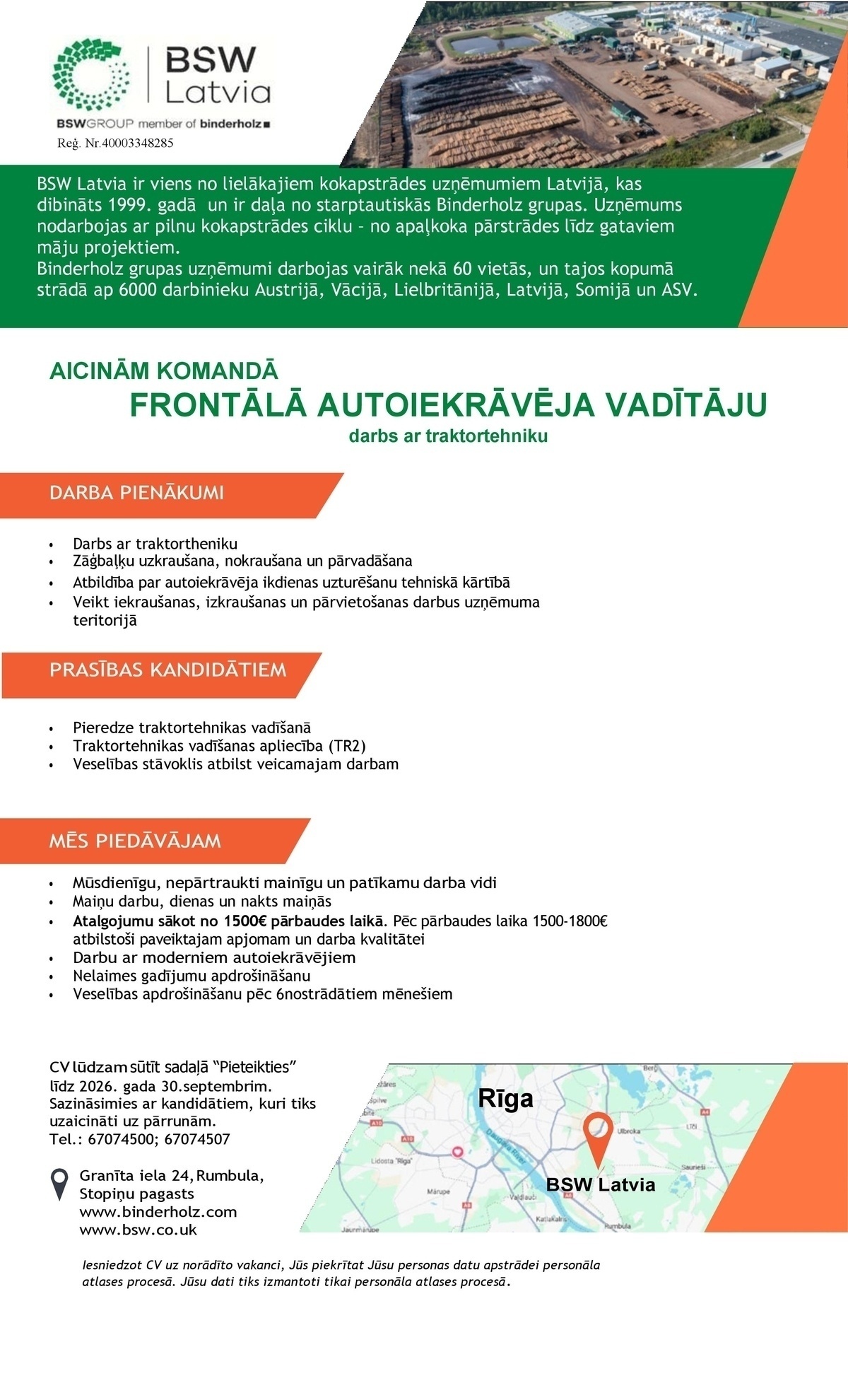 BSW Latvia, SIA Frontālā autoiekrāvēja vadītājs/-a (darbs ar traktortehniku)