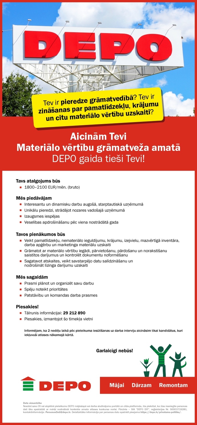 DEPO DIY, SIA Materiālo vērtību grāmatvedis/-e