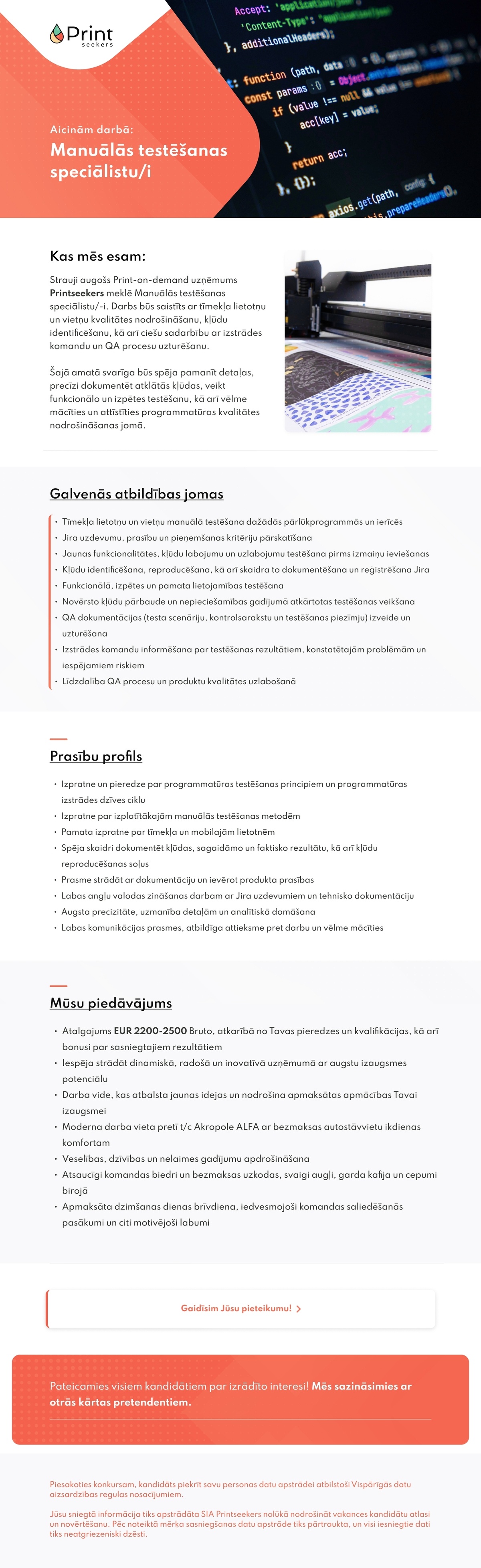 Printseekers, SIA Manuālās testēšanas speciālists/-e