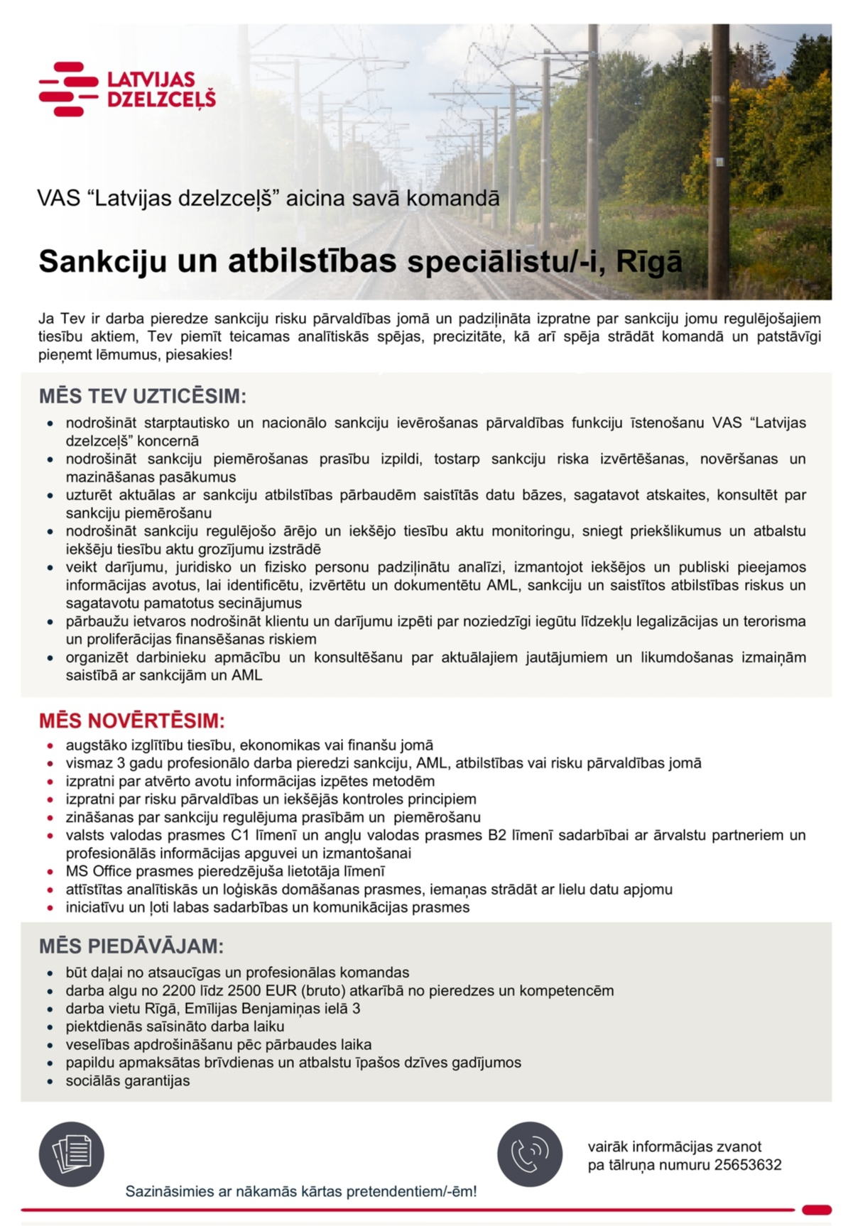 Latvijas dzelzceļš, VAS Sankciju un atbilstības speciālists/-e