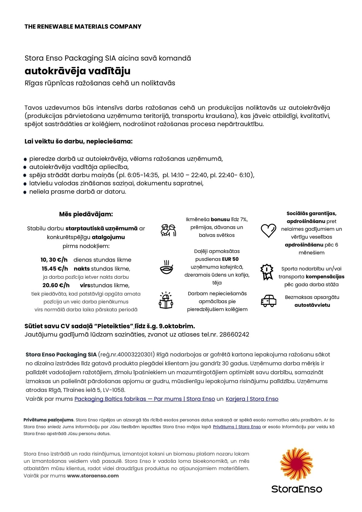 STORA ENSO PACKAGING, SIA Autokrāvēja vadītājs/-a
