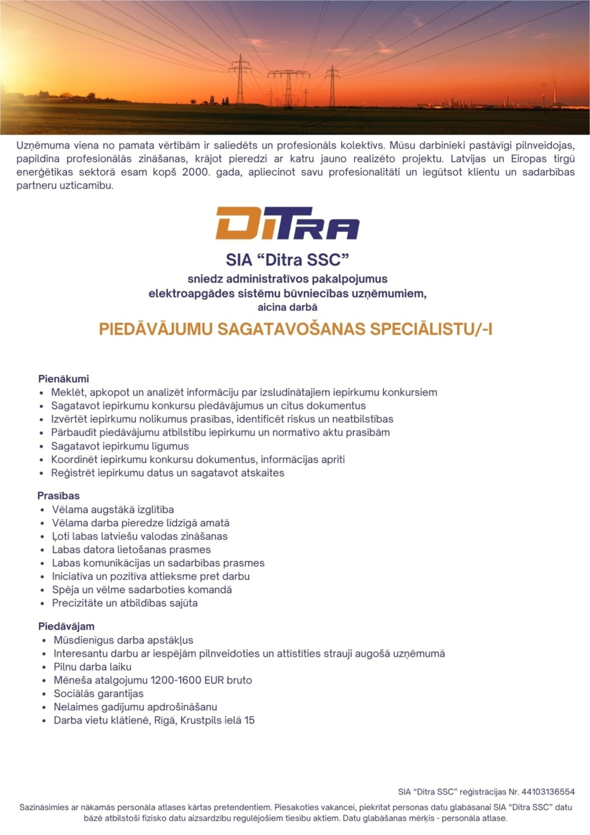 Ditra ssc, SIA Piedāvājumu sagatavošanas speciālists/-e