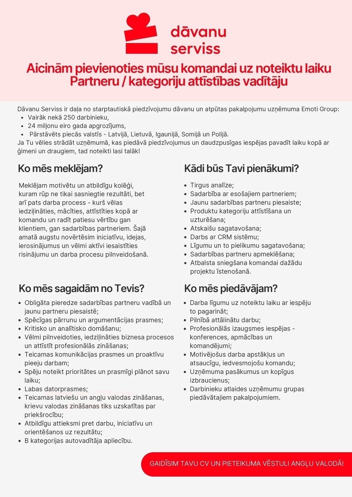 Dāvanu Serviss, SIA Partneru/kategoriju attīstības vadītājs/-a uz noteiktu laiku