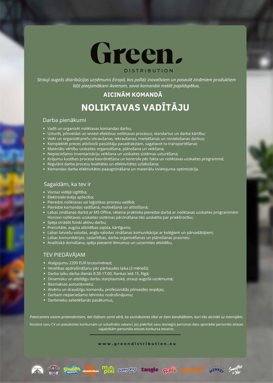 GREEN DISTRIBUTION, SIA Noliktavas vadītājs/-a