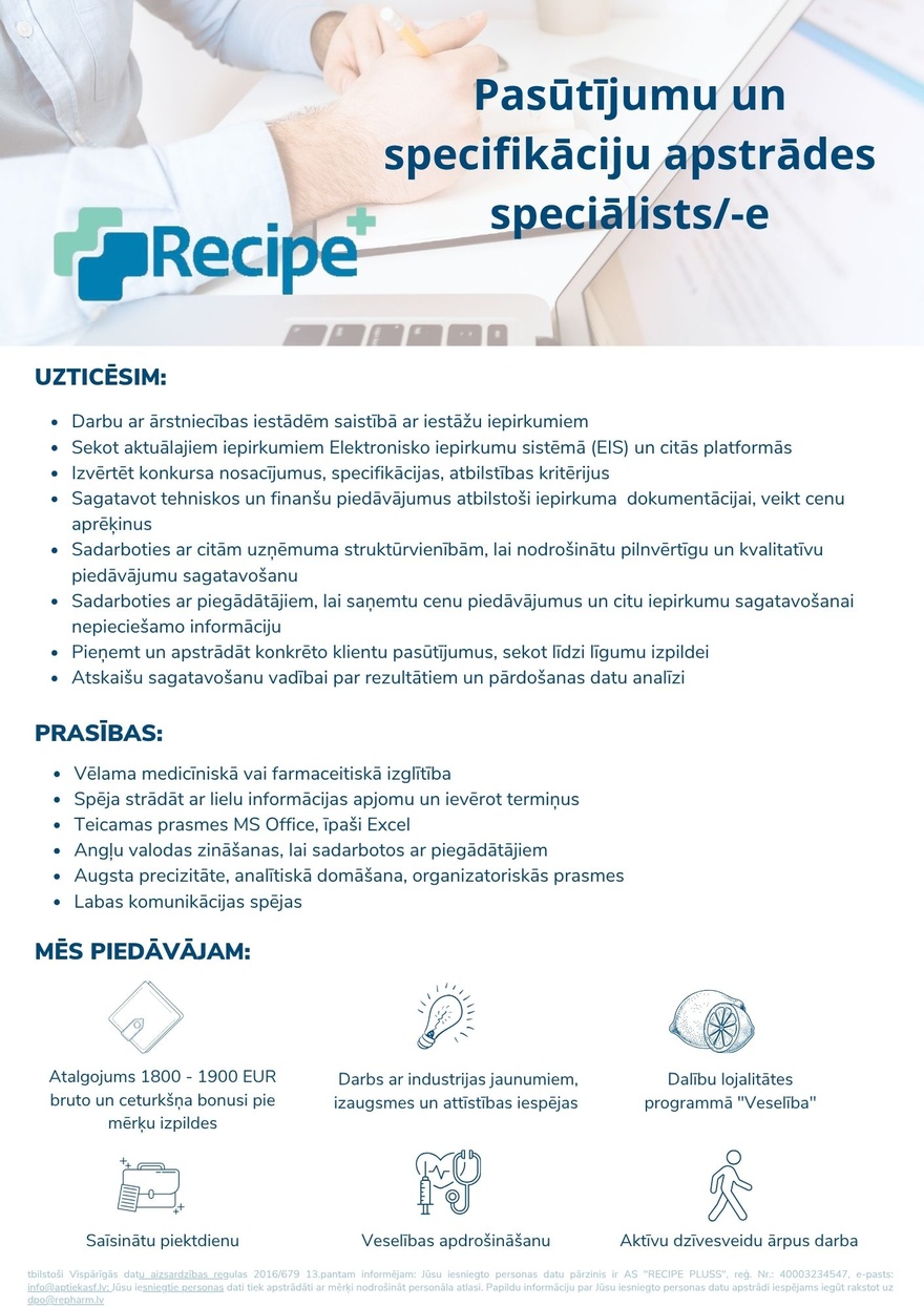 Recipe Plus, AS Pasūtījumu un specifikāciju apstrādes speciālists/-e