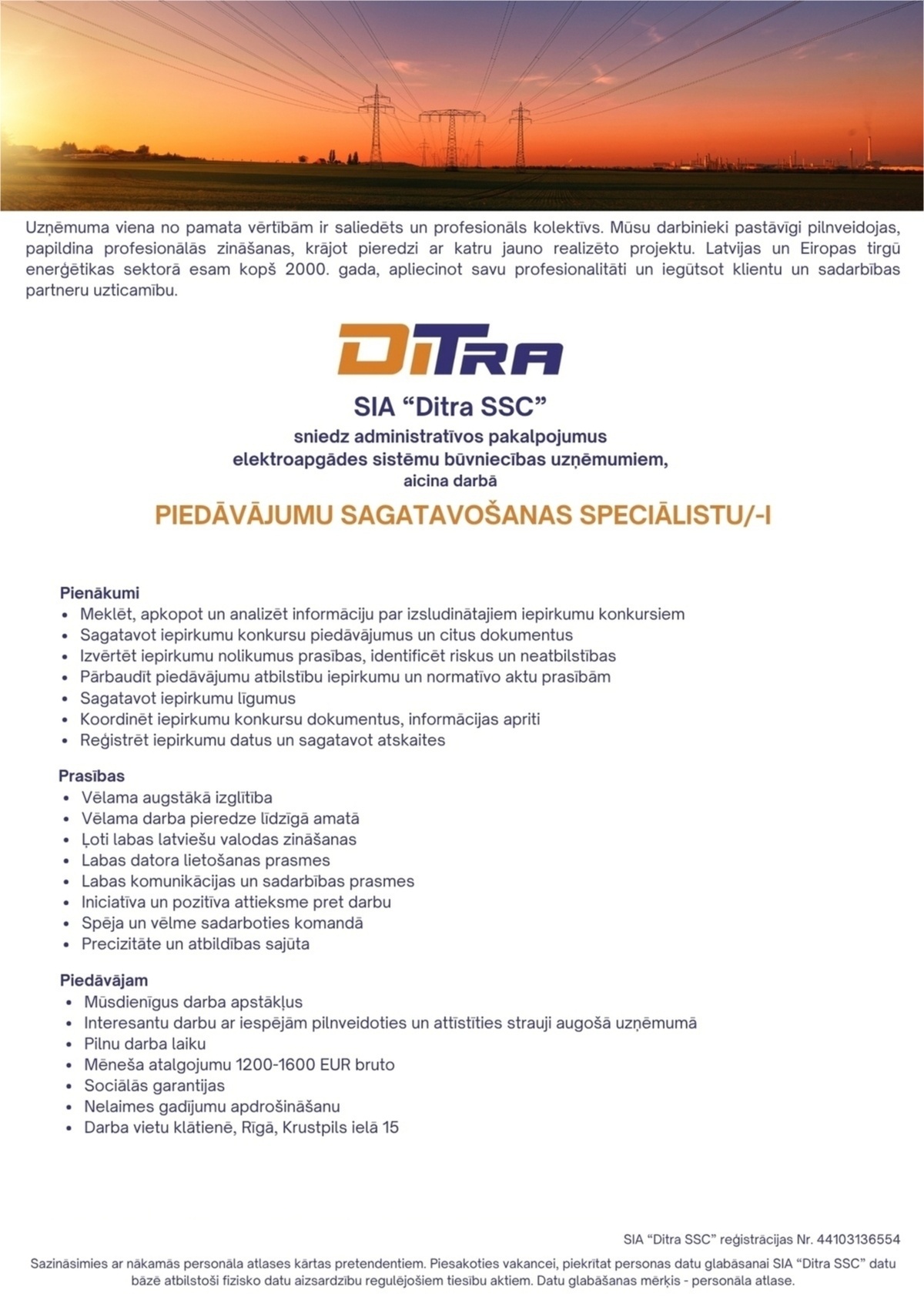 Ditra ssc, SIA Piedāvājumu sagatavošanas speciālists/-e