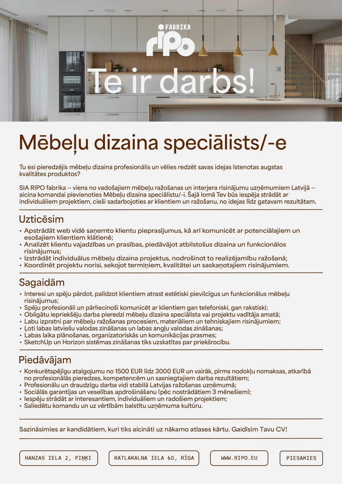 RIPO fabrika, SIA Mēbeļu dizaina speciālists/-e
