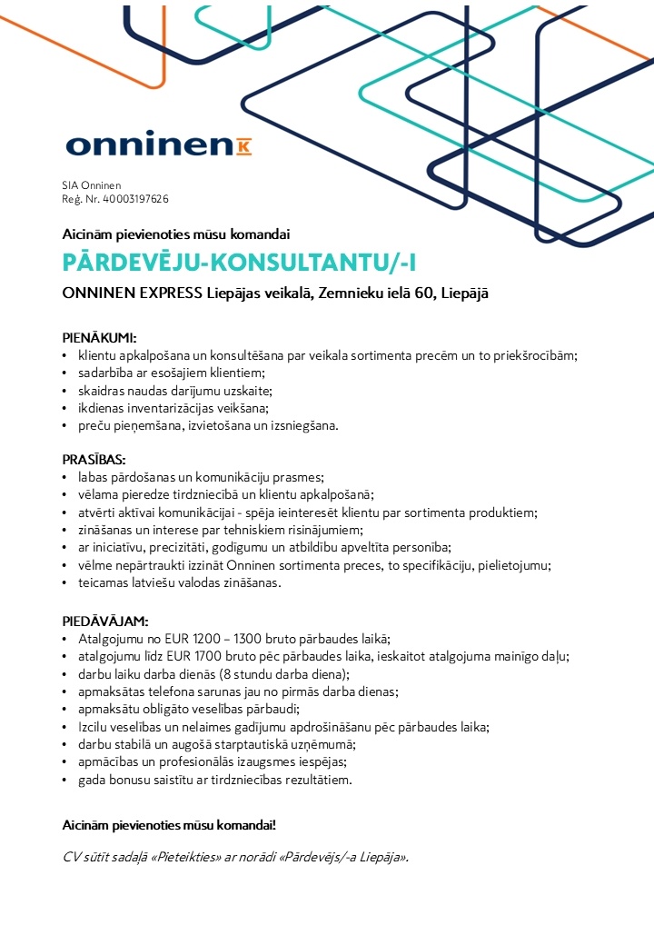 SIA ONNINEN Pārdevējs/-a - konsultants/-e (ONNINEN EXPRESS Liepāja, Zemnieku iela 60)