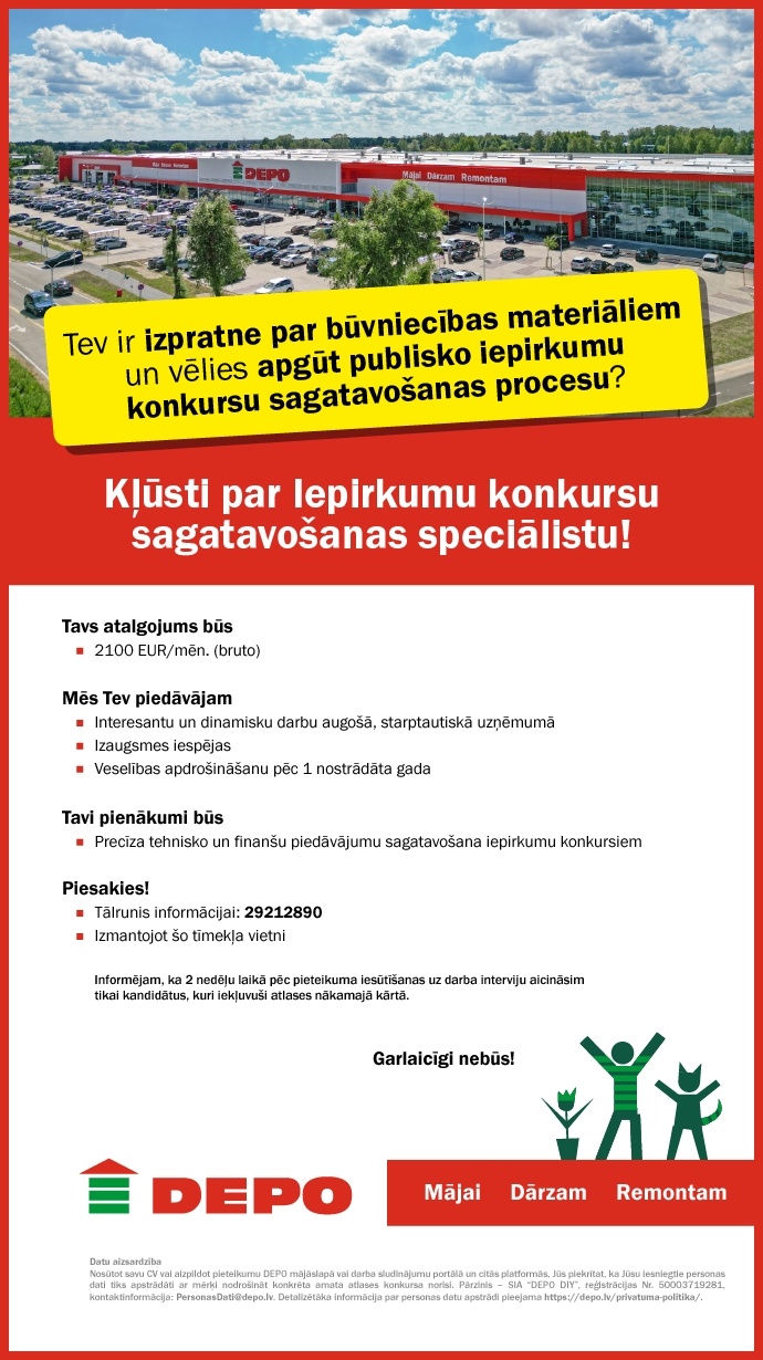 DEPO DIY, SIA Iepirkumu konkursu sagatavošanas speciālists/-e