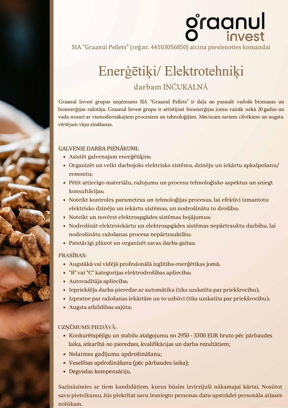 Graanul Pellets, SIA Enerģētiķis (-e)/ Elektrotehniķis (-e)