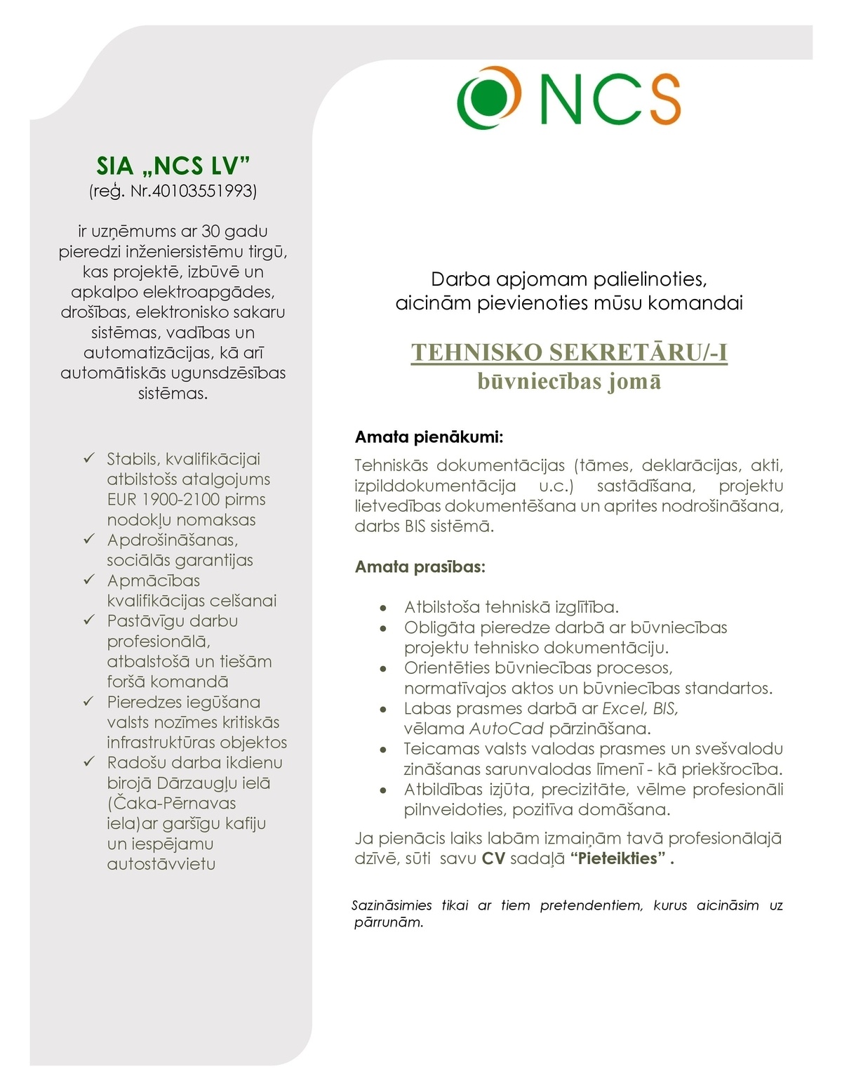 NCS LV, SIA Tehniskais/-ā sekretārs/-e būvniecības jomā
