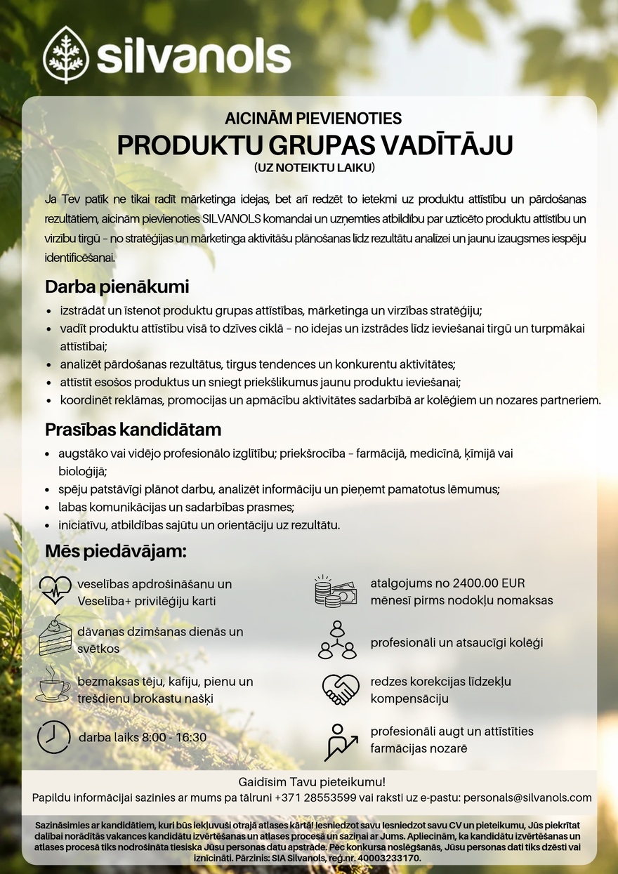 SIA''Silvanols'' Produktu grupas vadītājs/-a