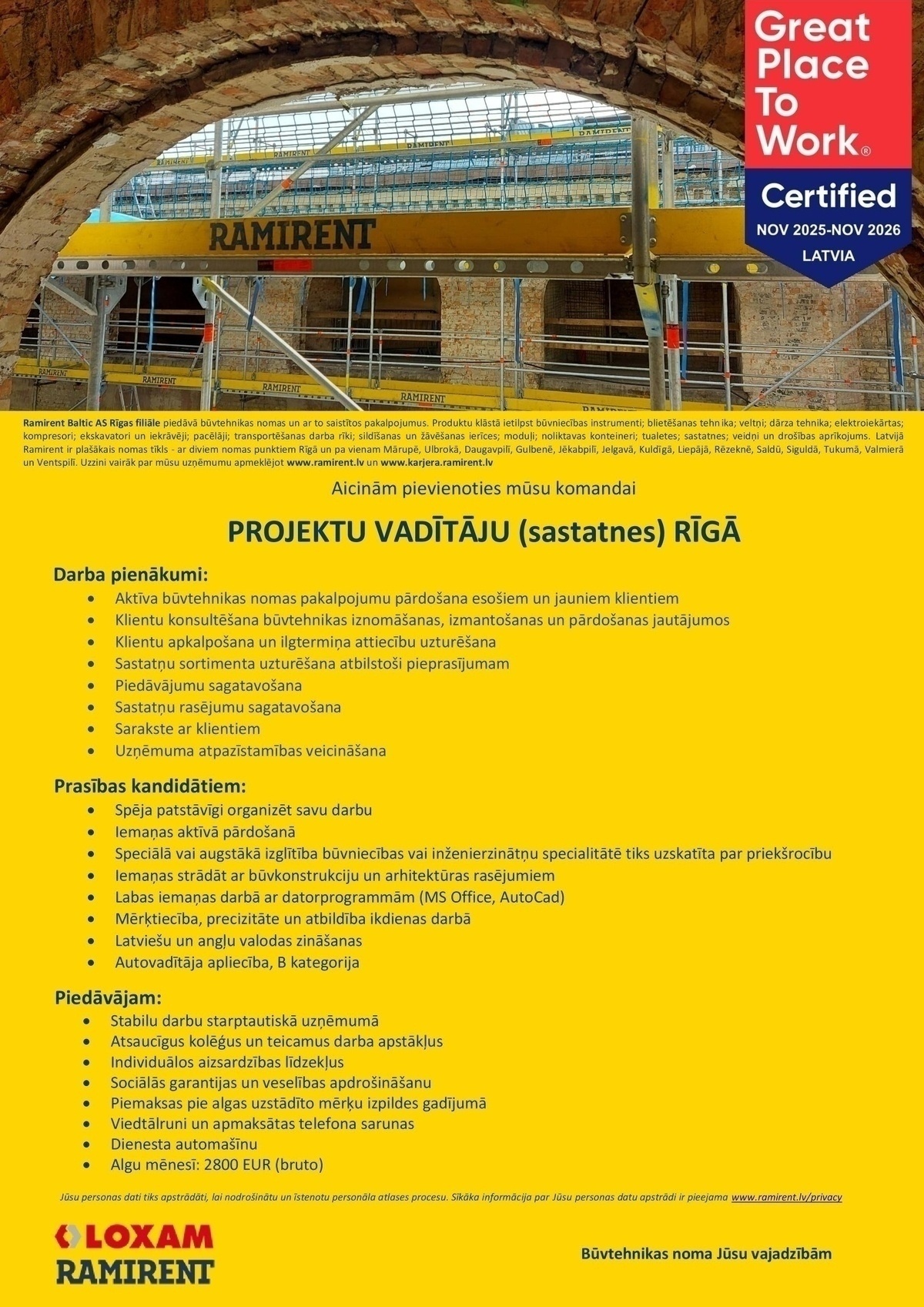 Ramirent Baltic AS Rīgas filiāle, AKF Projektu vadītājs/-a (sastatnes) Rīgā