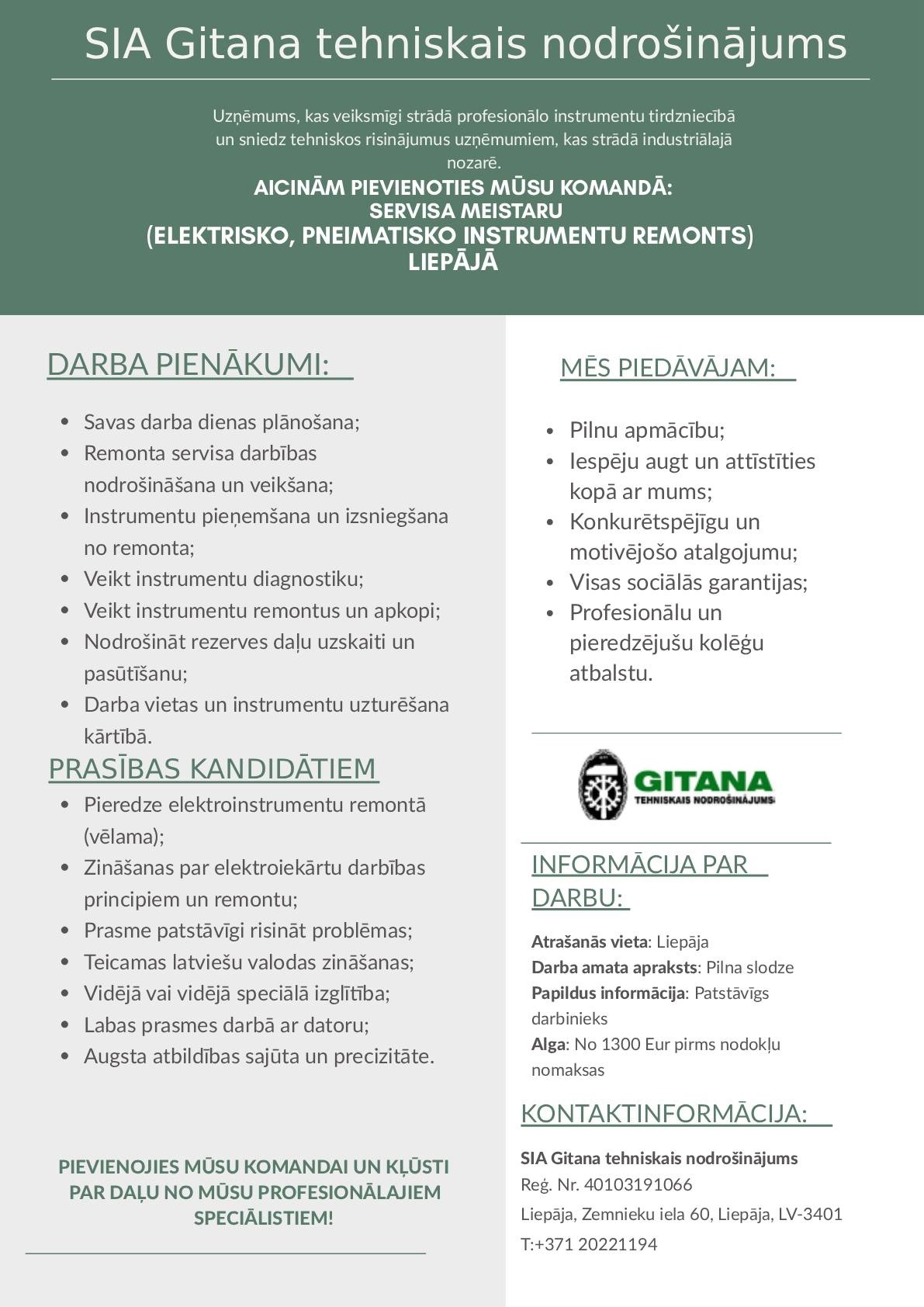 Gitana tehniskais nodrošinājums, SIA Servisa meistars/-e (Liepāja)