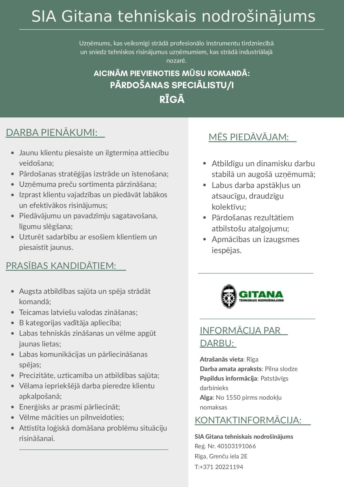 Gitana tehniskais nodrošinājums, SIA Pārdošanas speciālists/-e