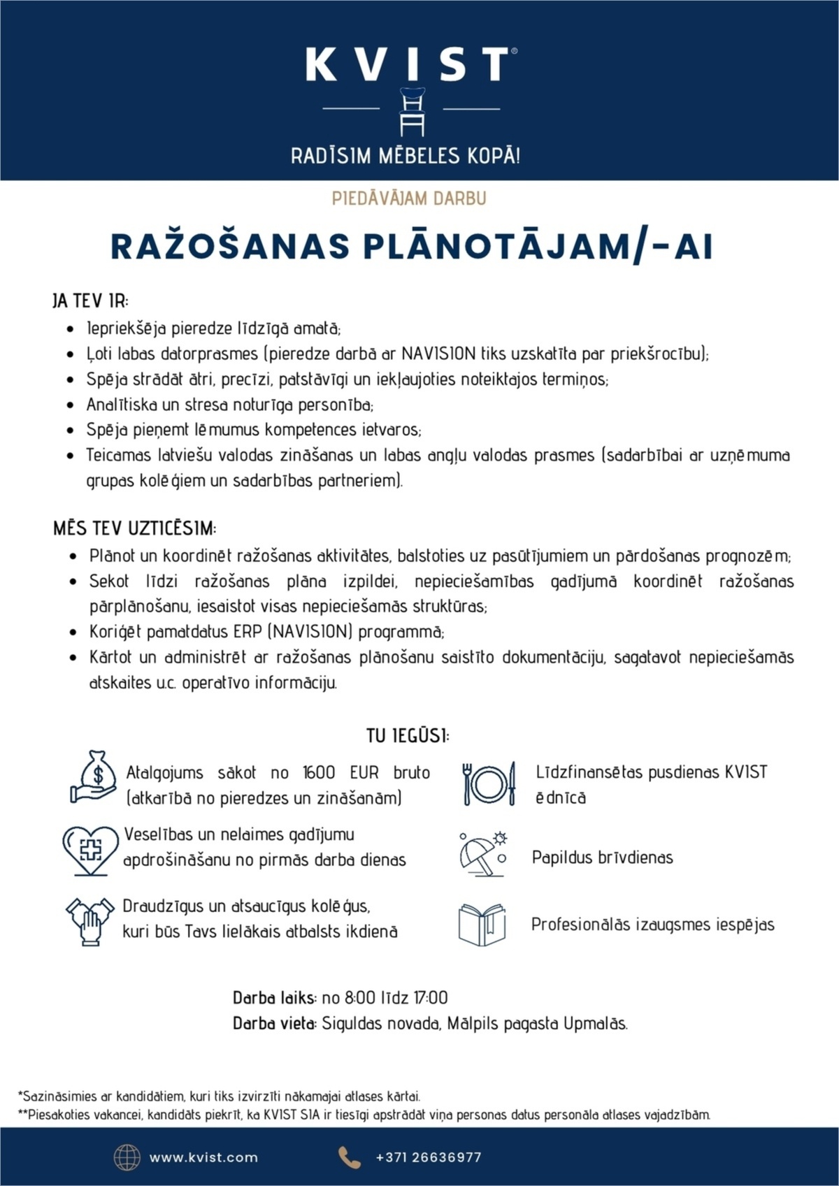 KVIST, SIA Ražošanas plānotājs/-a