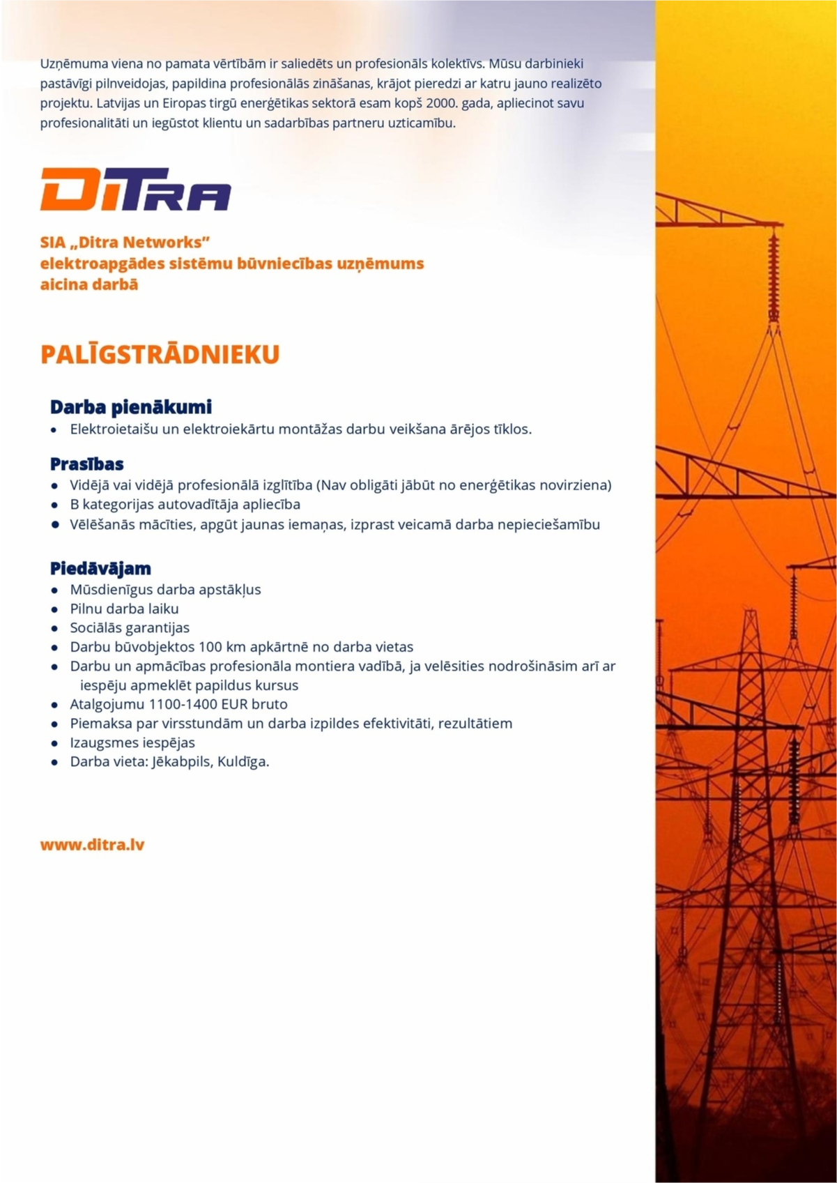 Ditra Networks, SIA Palīgstrādnieks/-ce