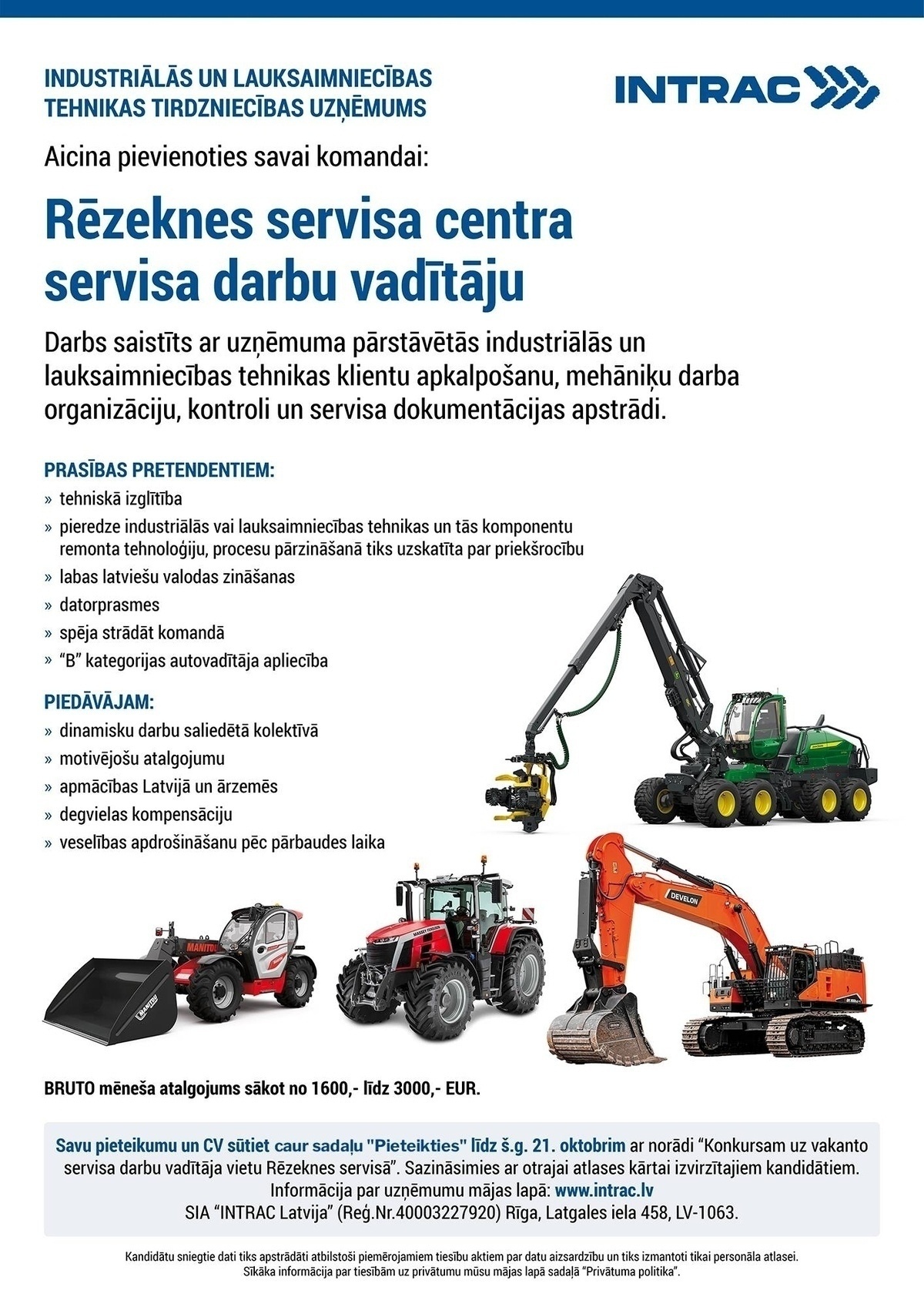 INTRAC Latvija, SIA Servisa darbu vadītājs/-a Rēzeknē