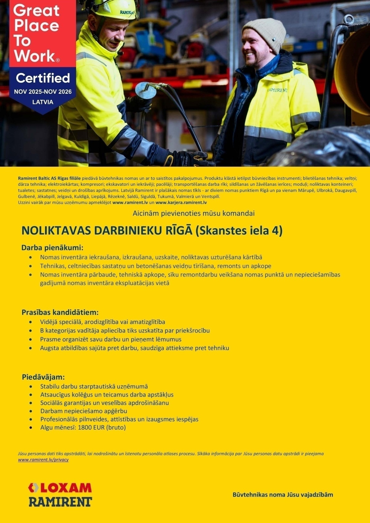 Ramirent Baltic AS Rīgas filiāle, AKF Noliktavas darbinieks/-ce Rīgā