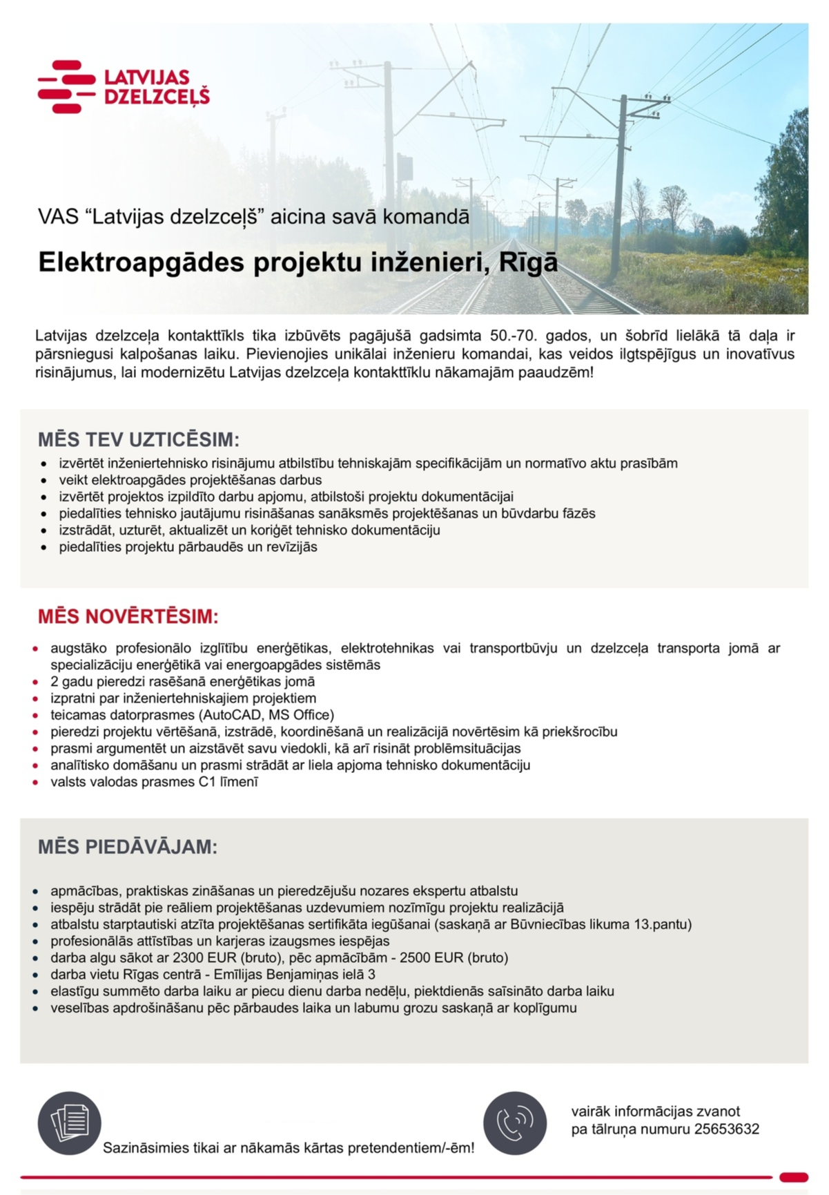 Latvijas dzelzceļš, VAS Elektroapgādes projektu inženieris/-e
