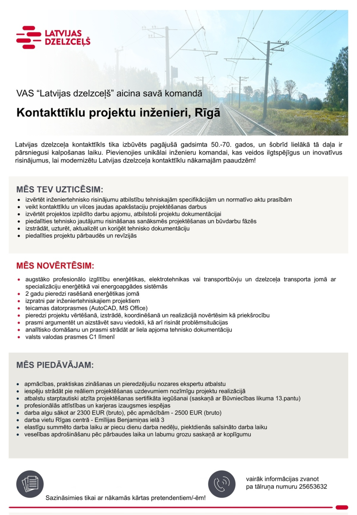 Latvijas dzelzceļš, VAS Kontakttīklu projektu inženieris/-e