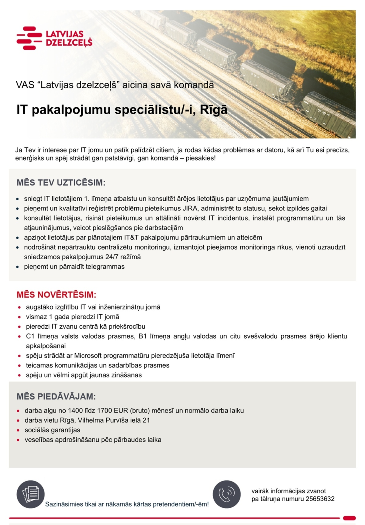 Latvijas dzelzceļš, VAS IT pakalpojumu speciālists/-e
