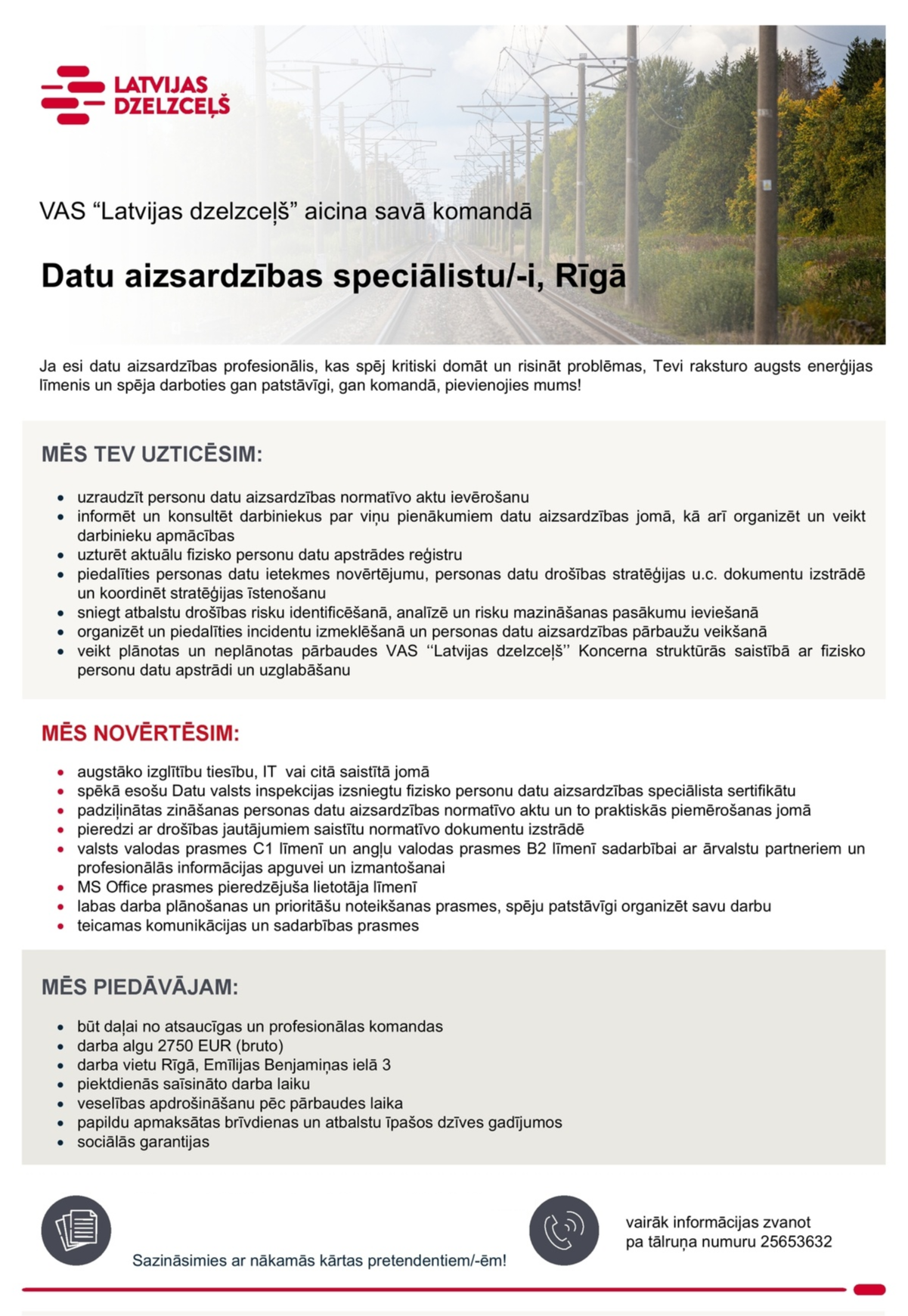 Latvijas dzelzceļš, VAS Datu aizsardzības speciālists/-e