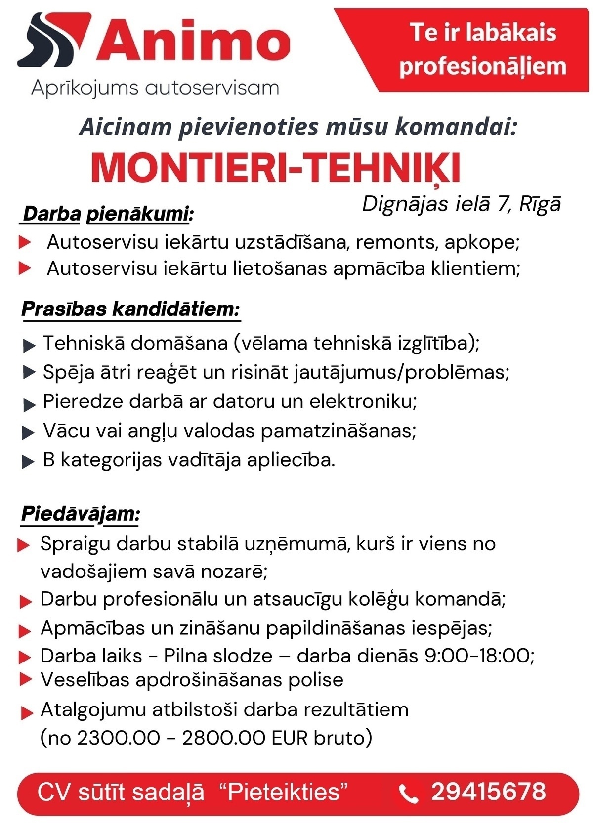 ANIMO LTD, SIA Montieris/-e - tehniķis/-e