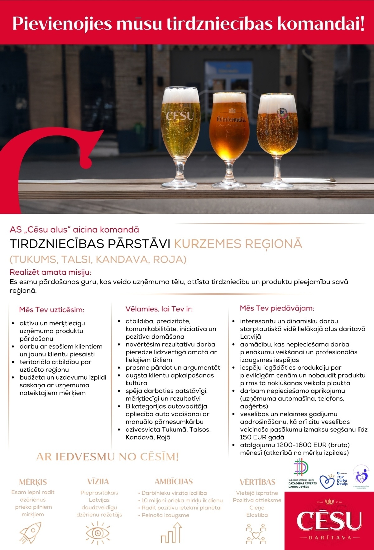 Cēsu alus, AS Tirdzniecības pārstāvis/-e Kurzemes reģionā (Talsi, Tukums, Kandava, Roja)