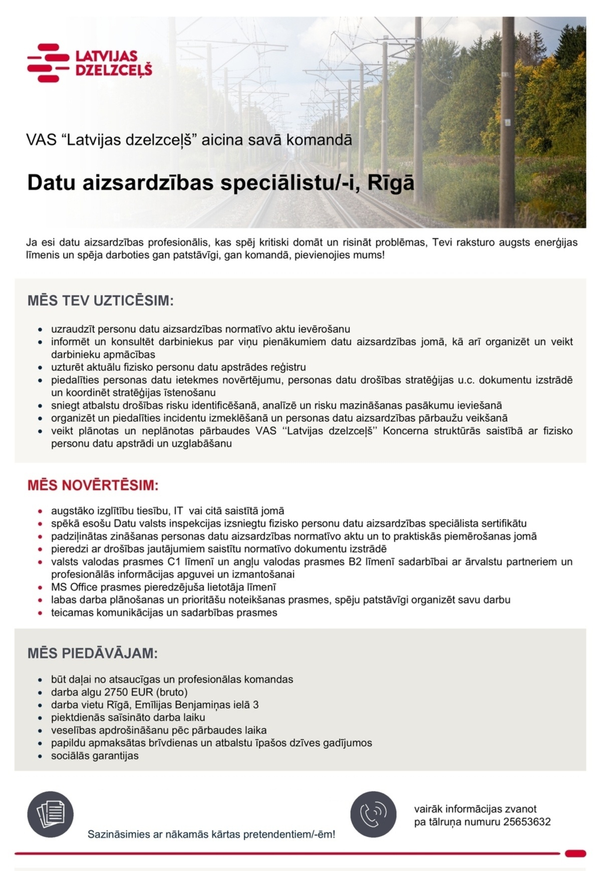 Latvijas dzelzceļš, VAS Datu aizsardzības speciālists/-e