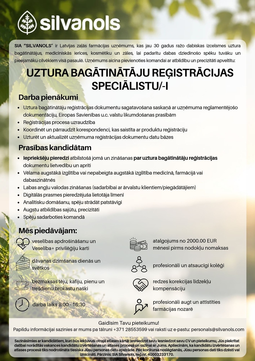 SIA''Silvanols'' Uztura bagātinātāju reģistrācijas speciālists/-e