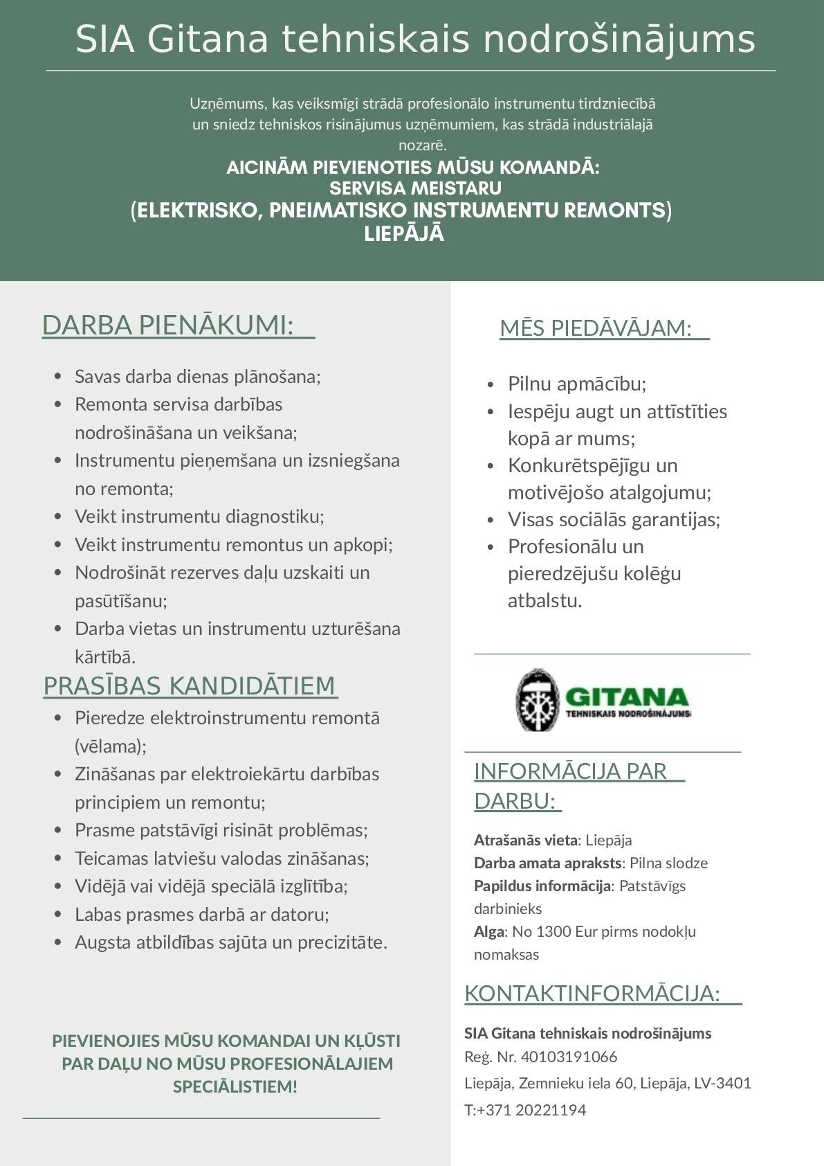 Gitana tehniskais nodrošinājums, SIA Servisa meistars/-e (Liepāja)
