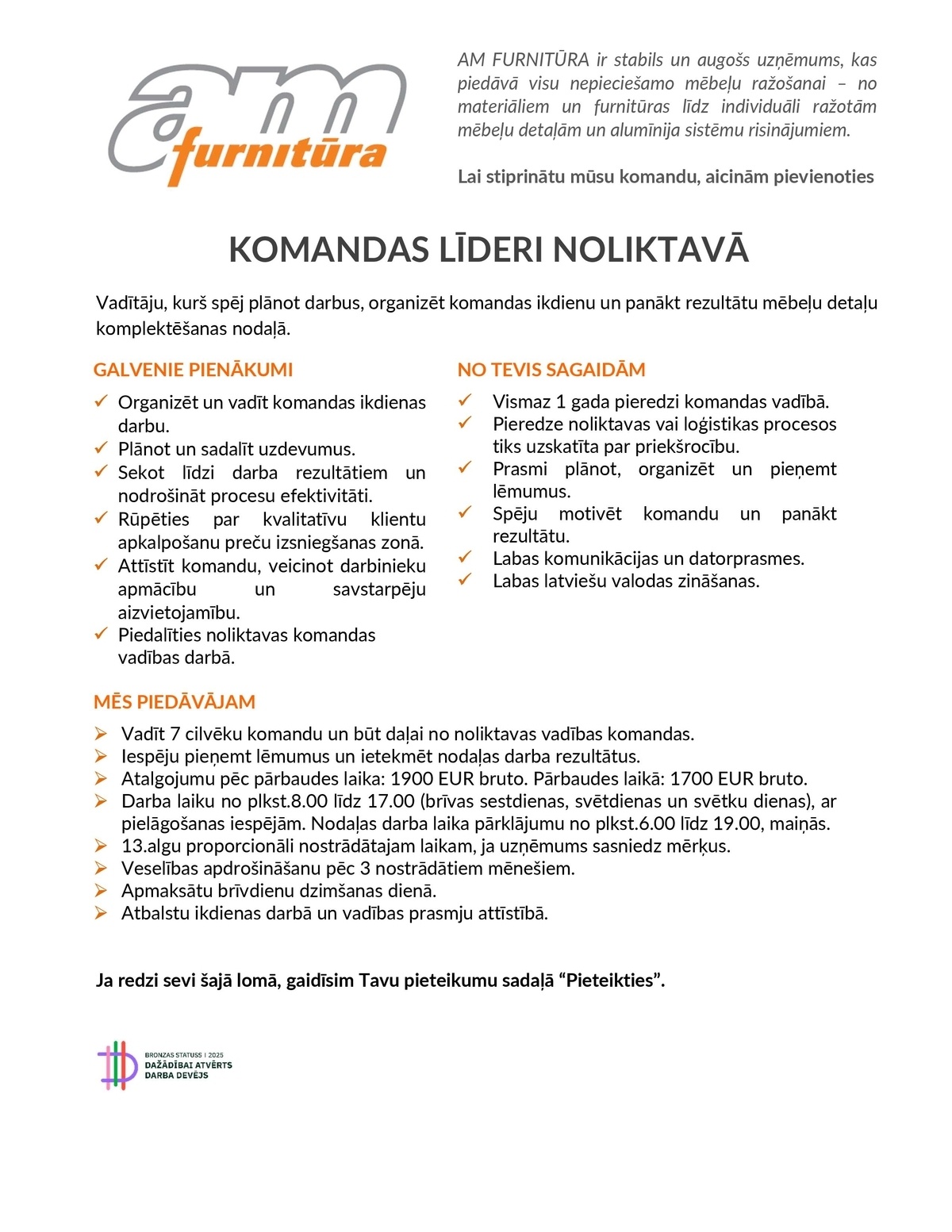 AM FURNITŪRA, SIA Komandas līderis/-e noliktavā
