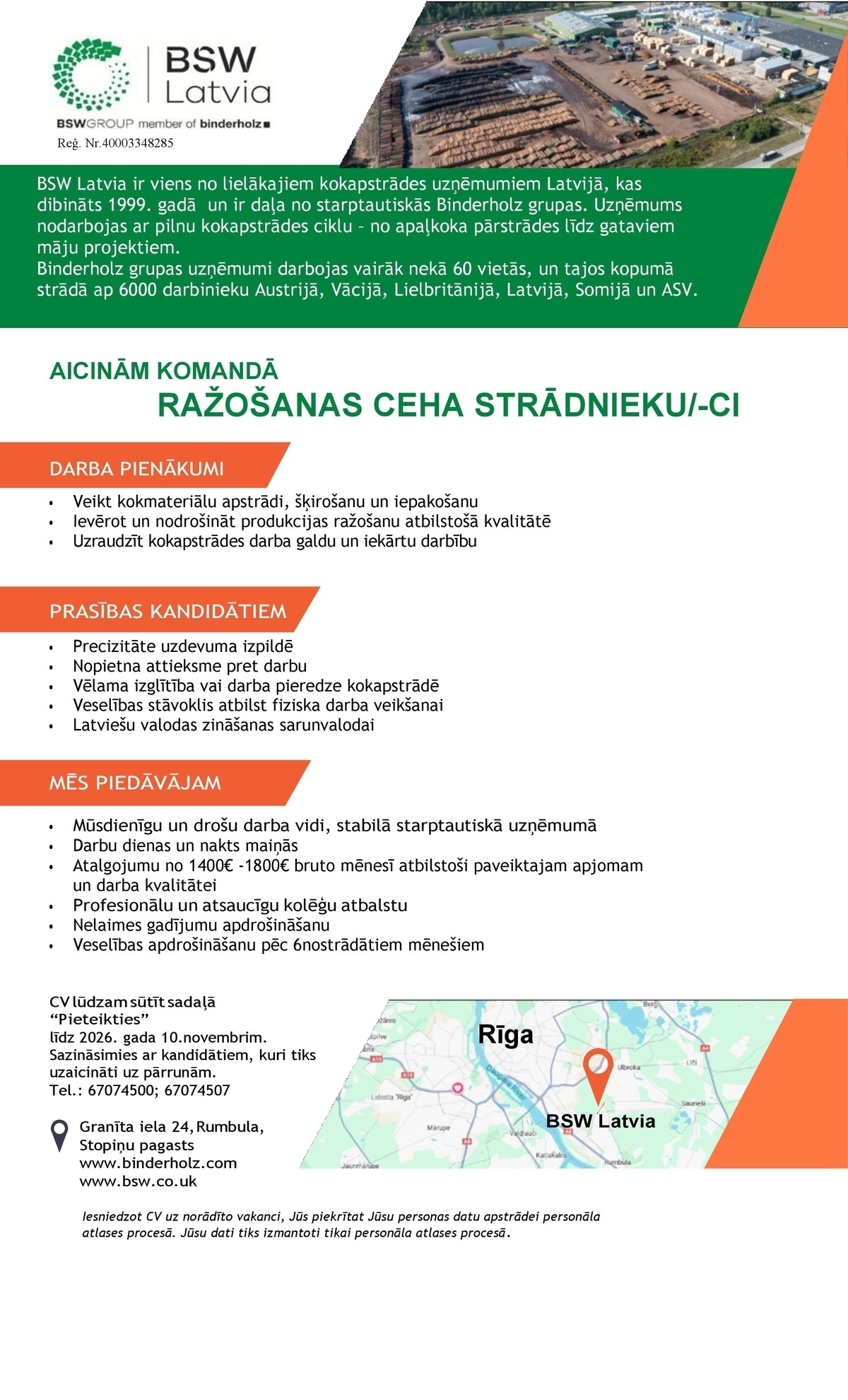 BSW LATVIA, SIA Ražošanas ceha strādnieks/-ce
