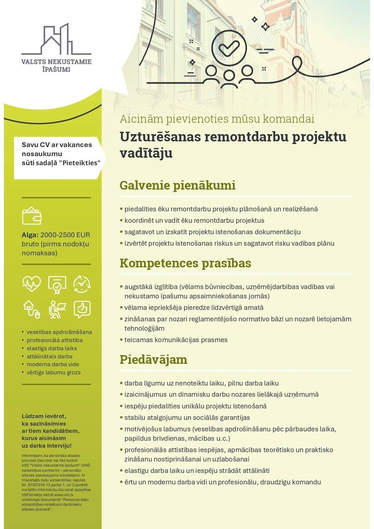 Valsts nekustamie īpašumi, VAS Uzturēšanas remontdarbu projektu vadītājs/-a