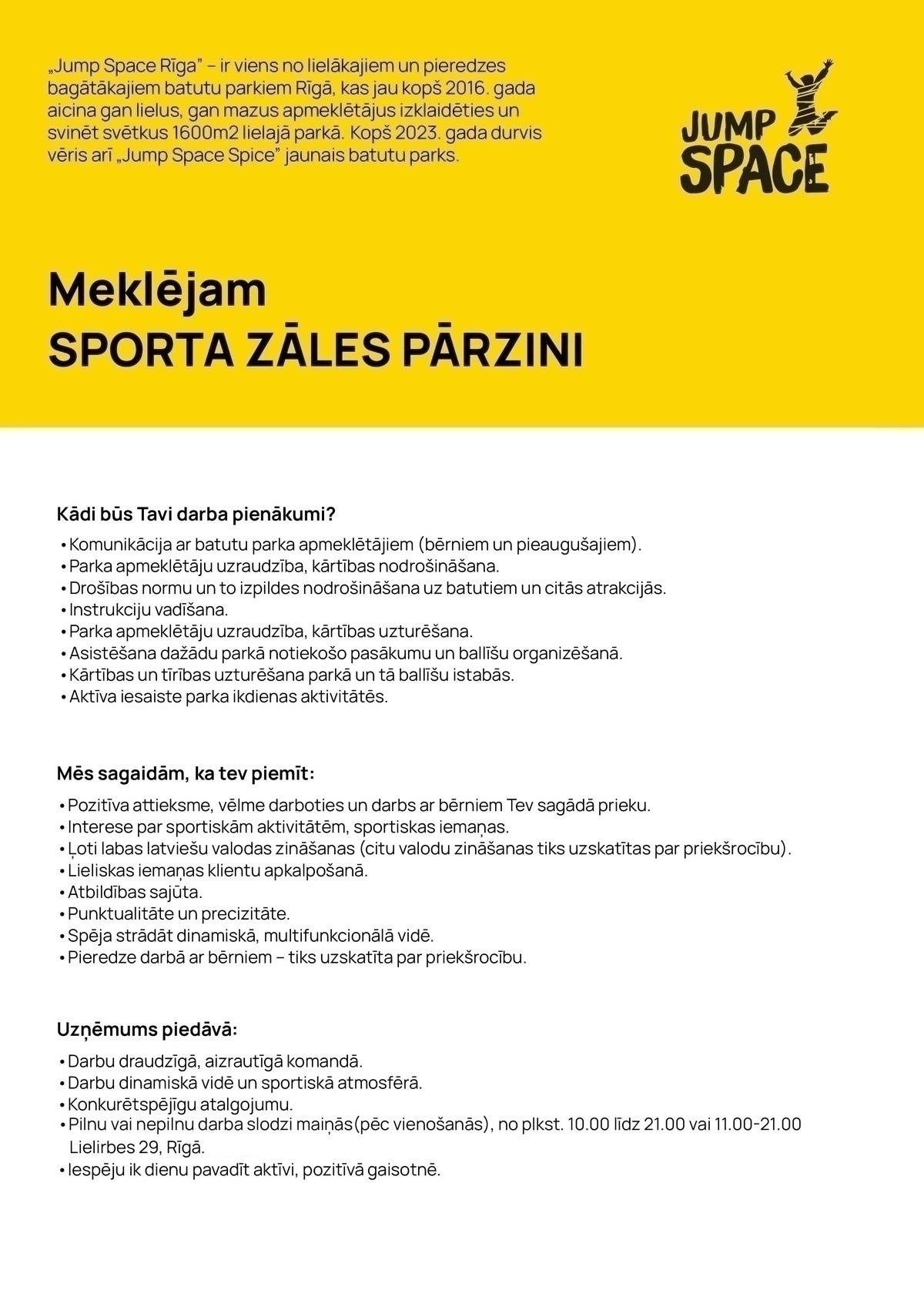 JUMP SPACE, SIA Sporta zāles pārzinis/-e