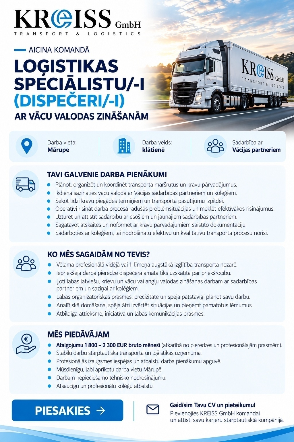 Kreiss GmbH Loģistikas speciālists/-e (Dispečeris/-e) ar vācu valodas zināšanām
