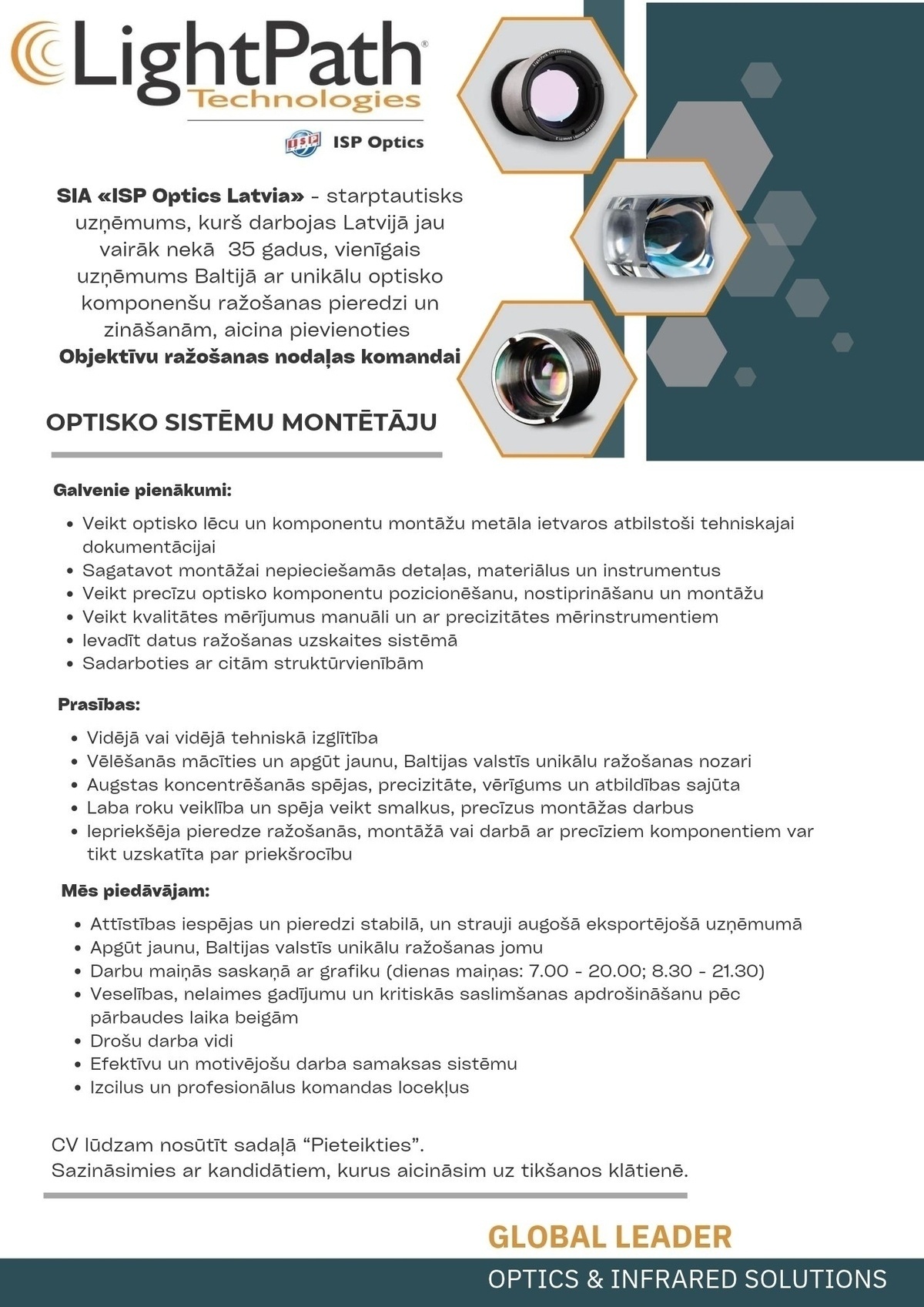 ISP Optics Latvia, SIA Optisko sistēmu montētājs/-a