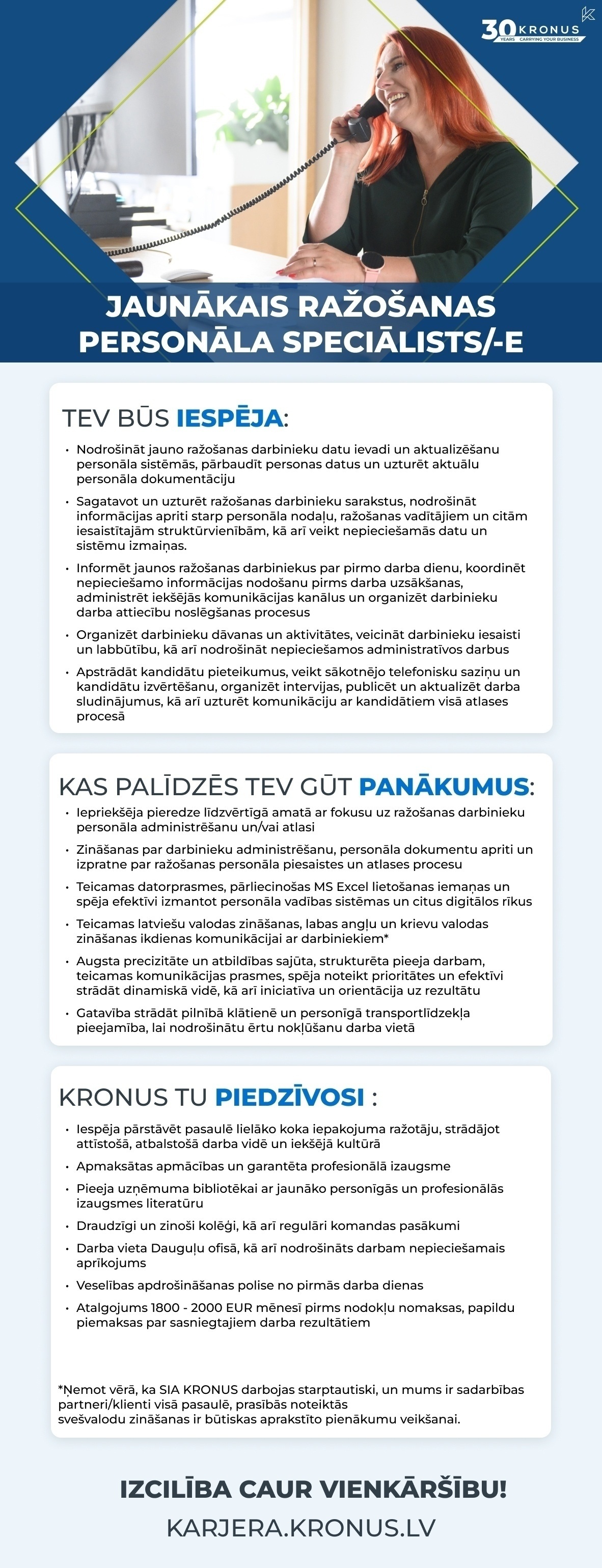 Kronus, SIA Jaunākais ražošanas personāla speciālists/-e